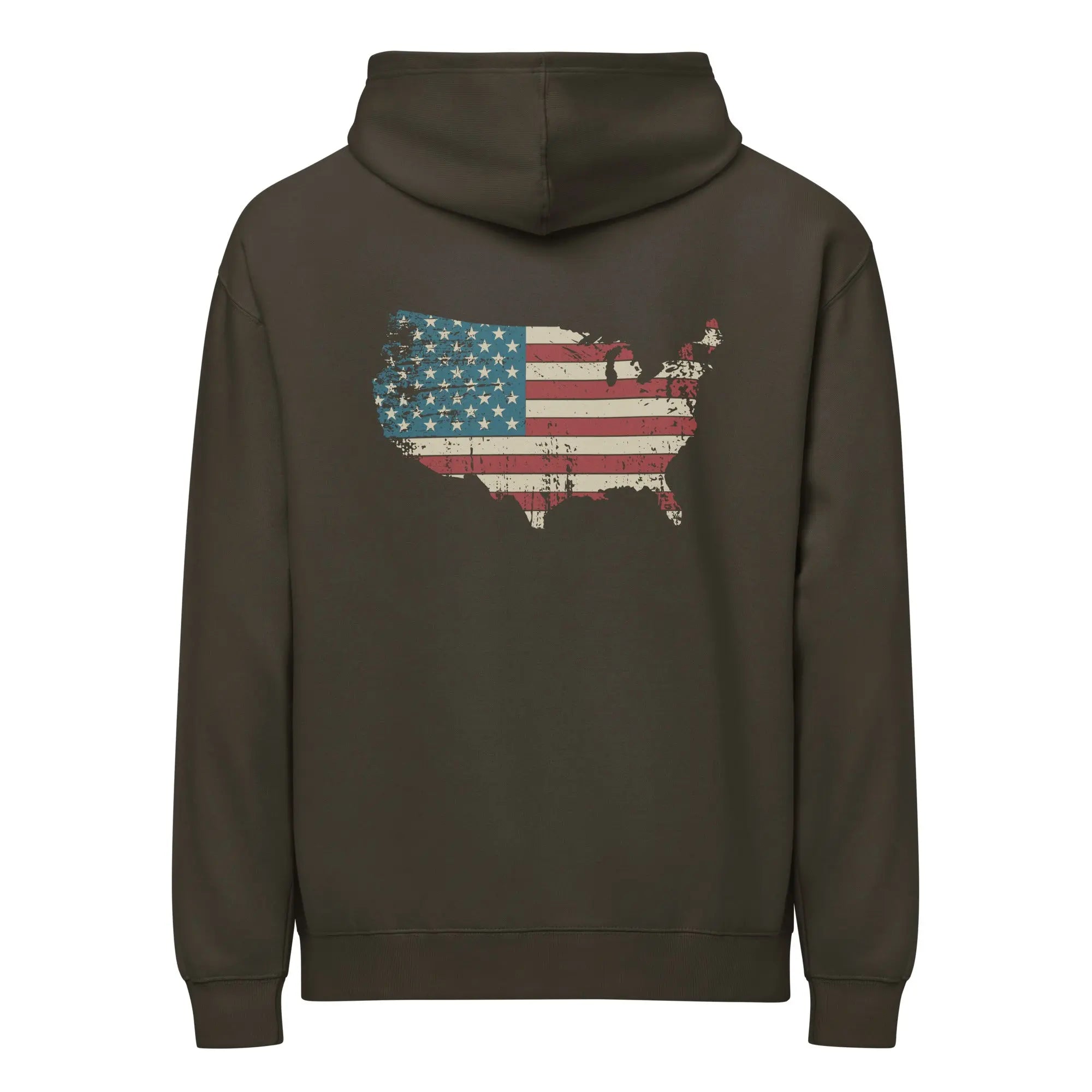 Back of men's vintage black patriotic hoodie with the silhouette of America with the flag in it. 