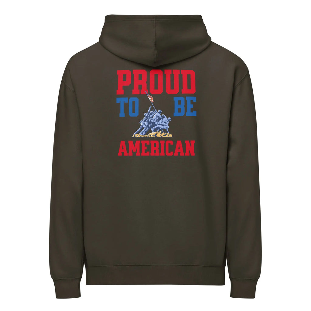 Back of men's vintage black patriotic hoodie with soldiers raising the flag and the text "Home of the free because of the brave." 