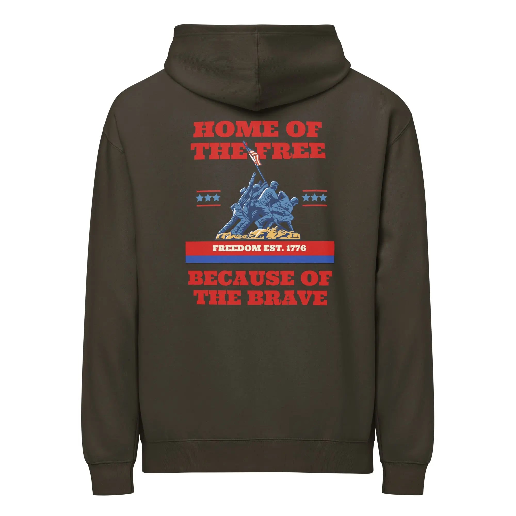 Back of vintage black patriotic hoodie with soldiers raising the flag and "Home of the free because of the brave" text. 