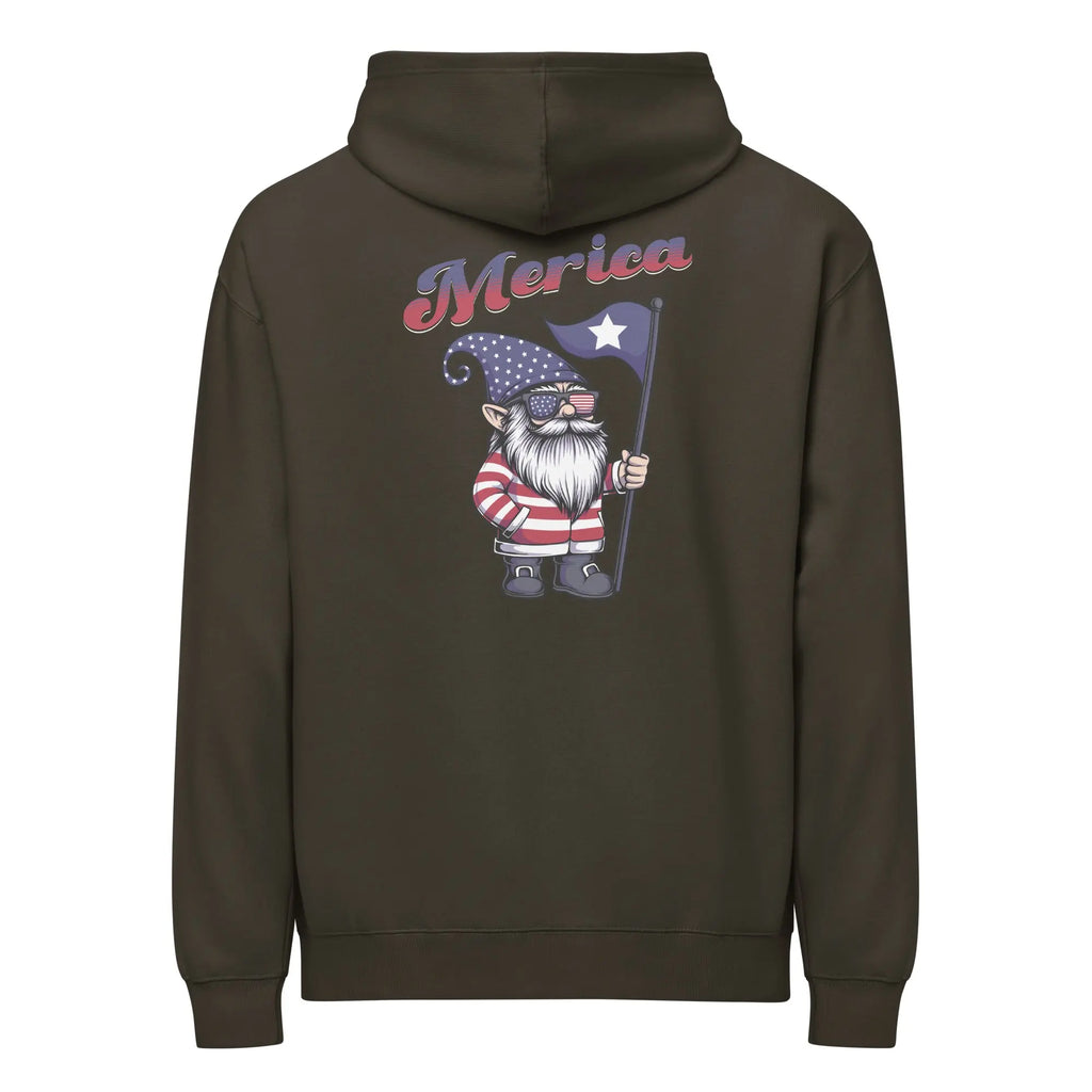Back of men's vintage black patriotic hoodie with a Gnome and "Merica" text