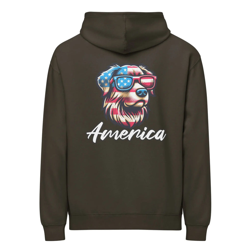 Back of men's vintage black patriotic hoodie with a dog head and "America" text