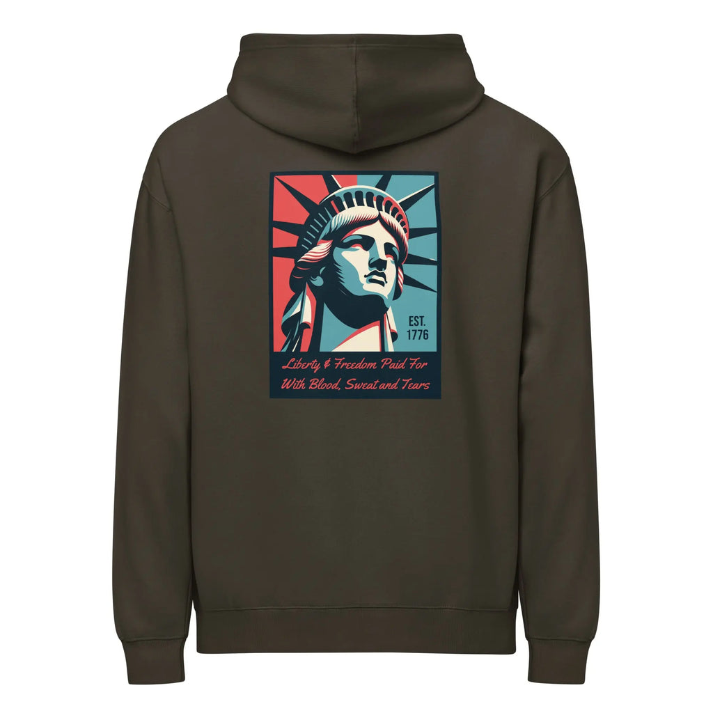 Back of men's vintage black patriotic hoodie with Statue of Liberty with text below. 