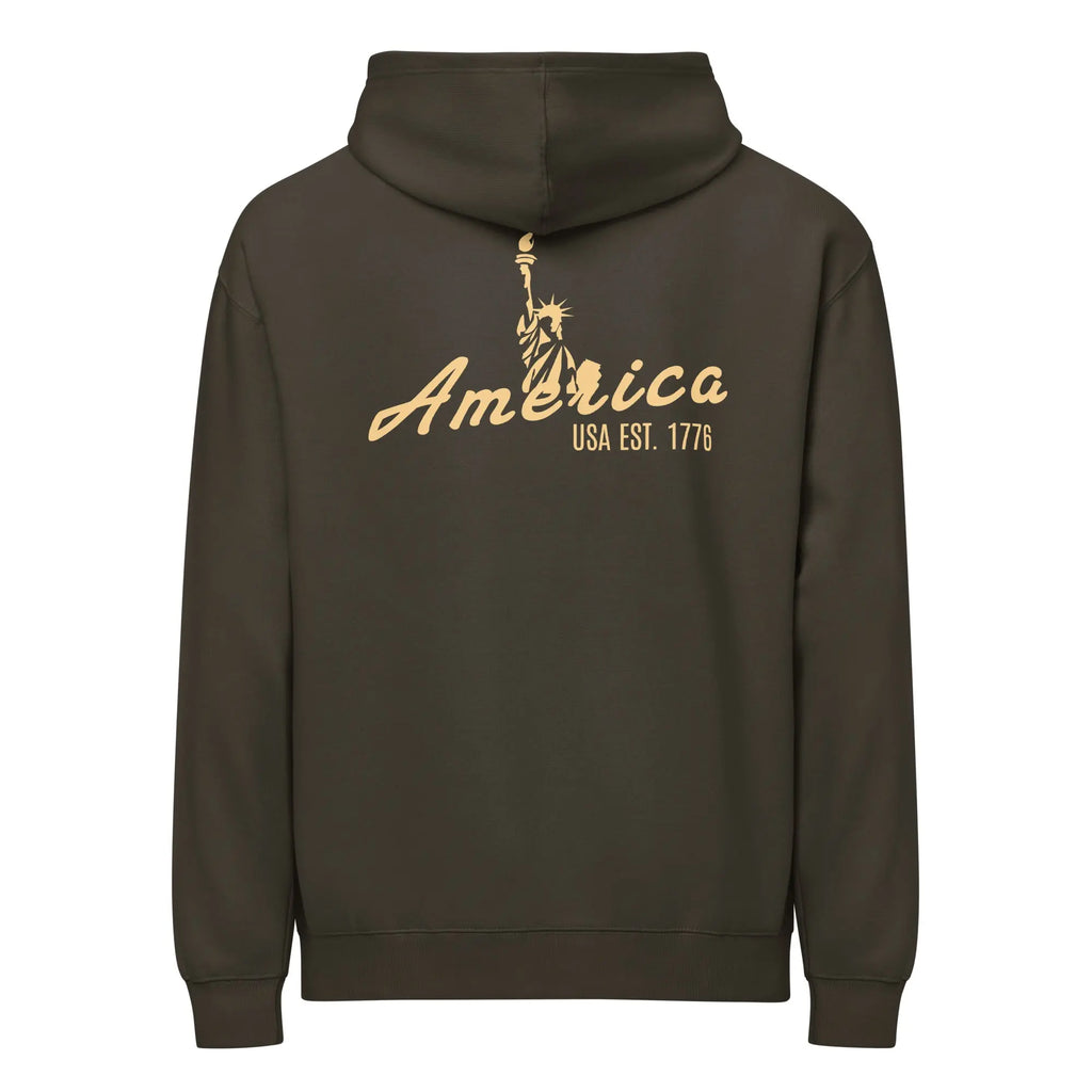 Back of men's vintage black patriotic hoodie with Statue of Liberty and "America" text. 
