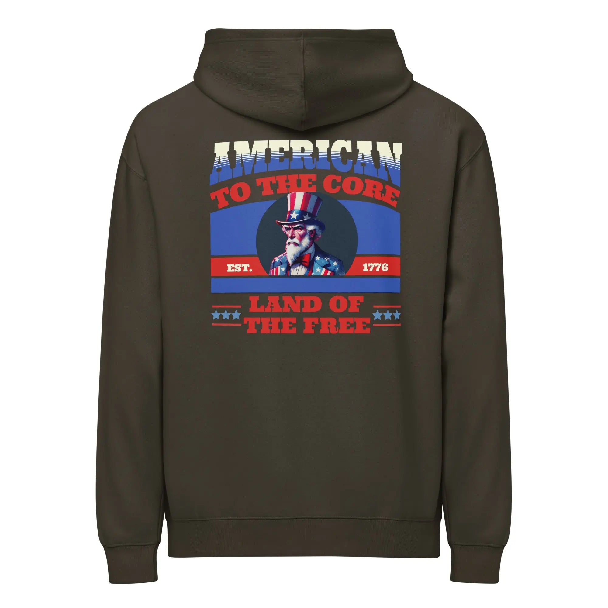 Men's vintage black patriotic hoodie with uncle Sam and "land of the free" text 