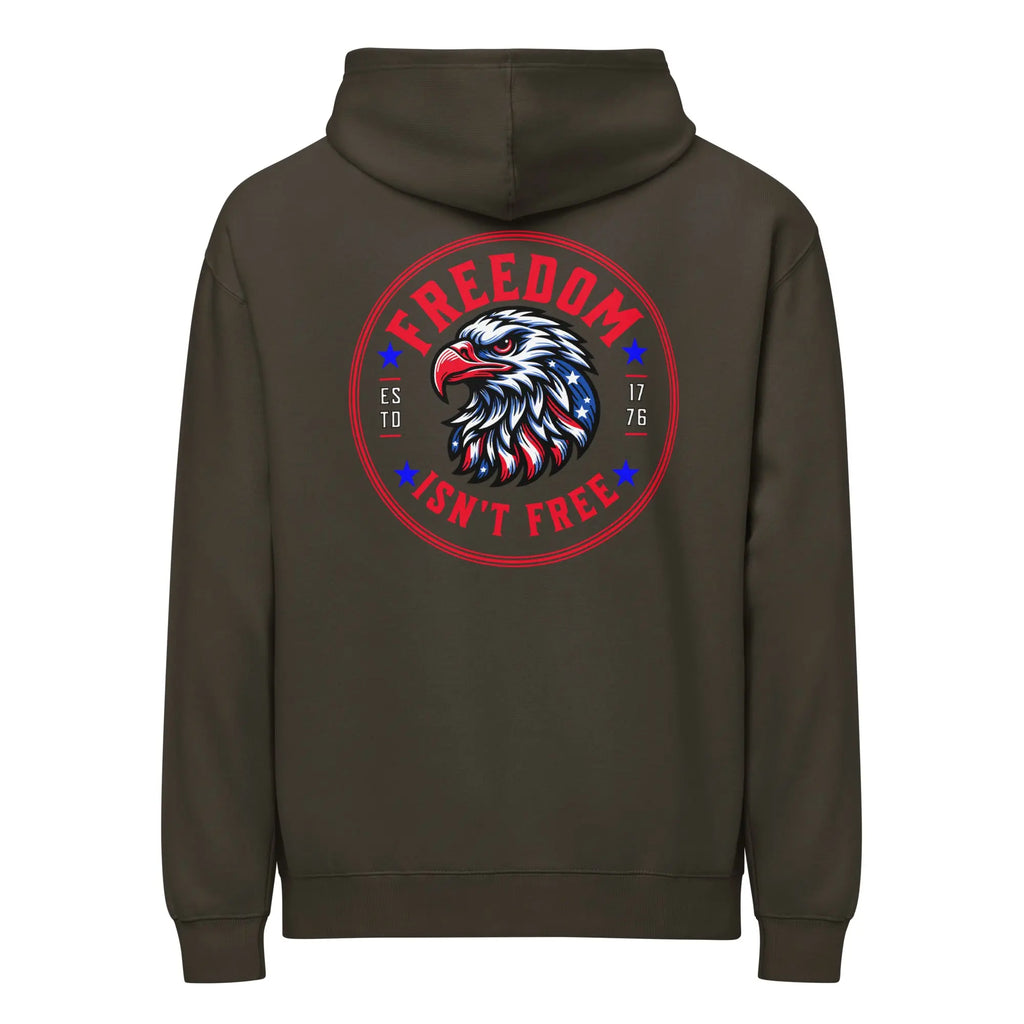 Back of men's vintage black patriotic hoodie with an eagle head and "Freedom isn't free" text