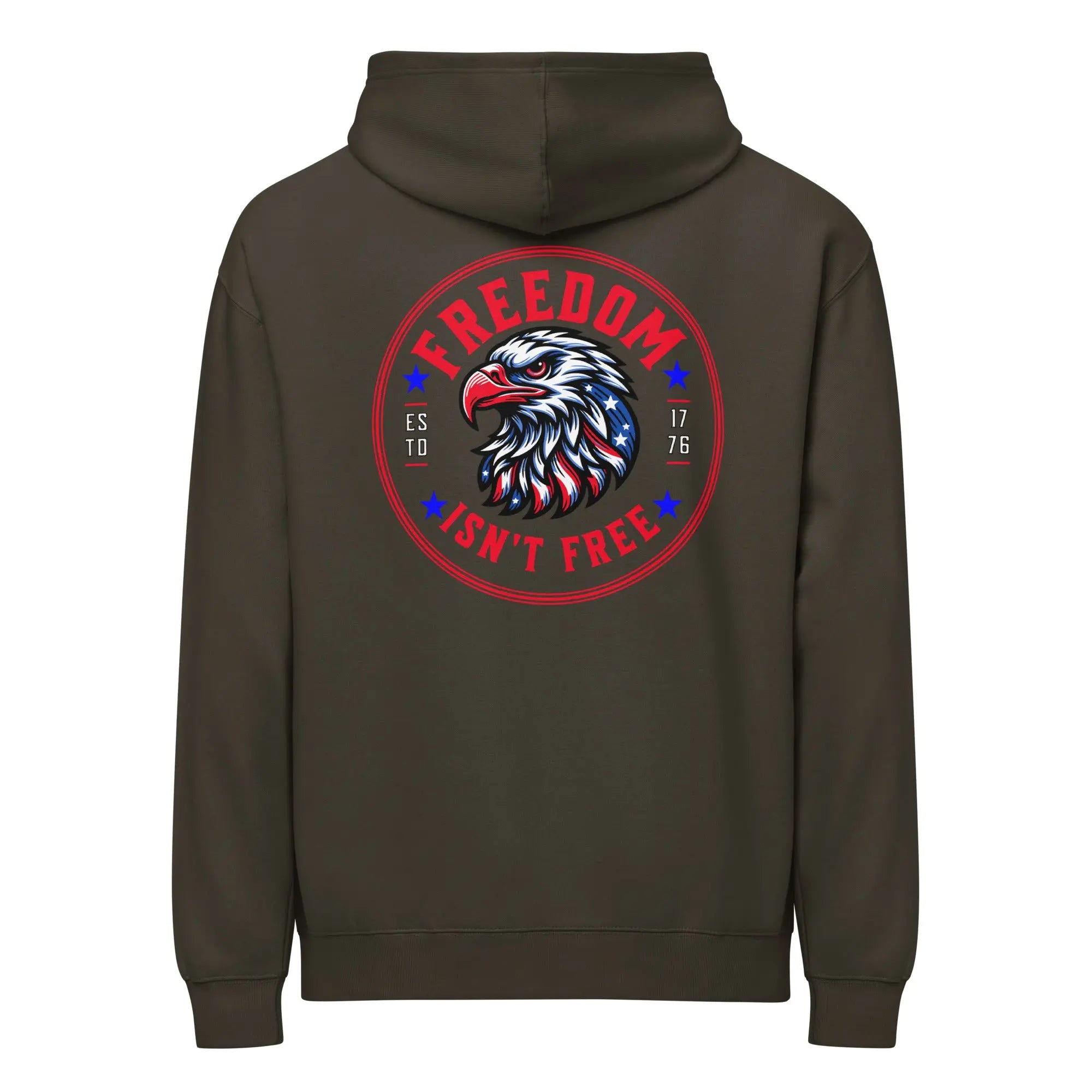 Back of men's vintage black patriotic hoodie with an eagle head and "Freedom isn't free" text