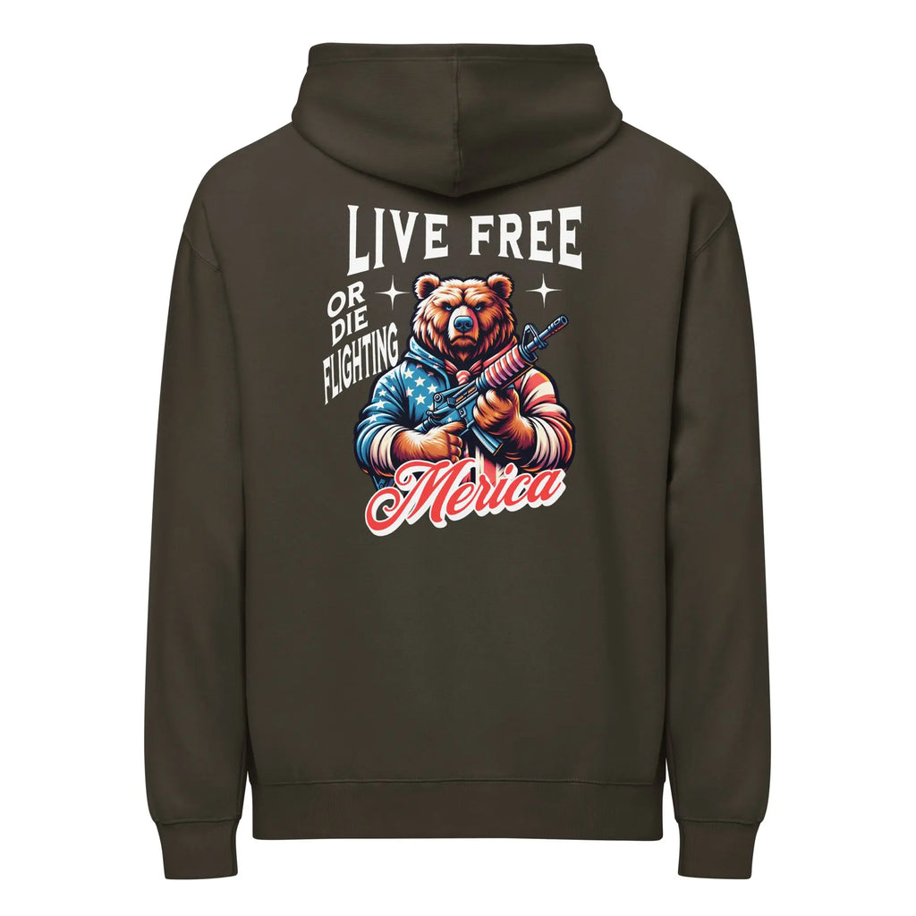 Back of men's vintage black patriotic hoodie with a bear holding a gun and "live free or die fighting" text
