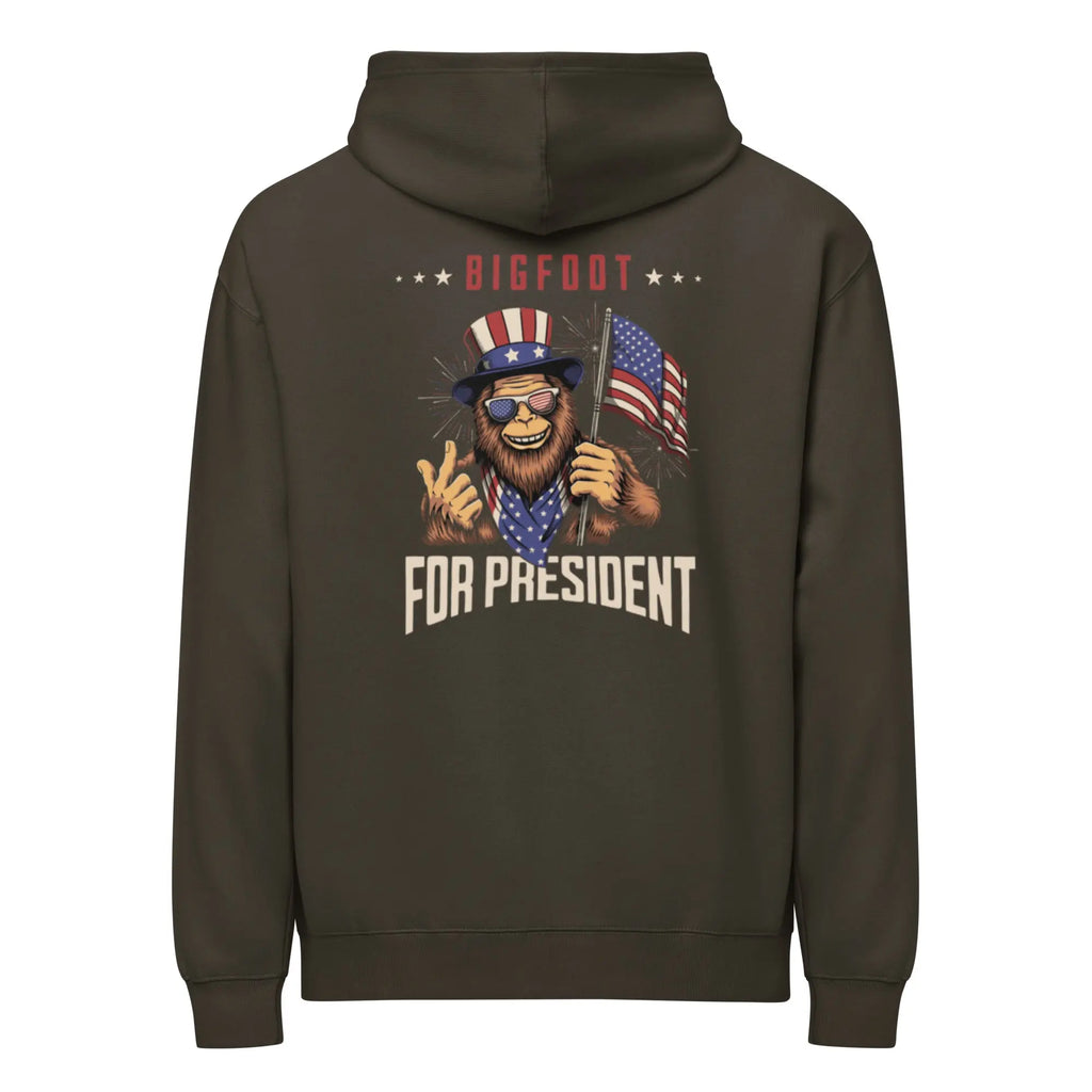 Back of men's vintage black patriotic hoodie with Bigfoot and "Bigfoot for president" text