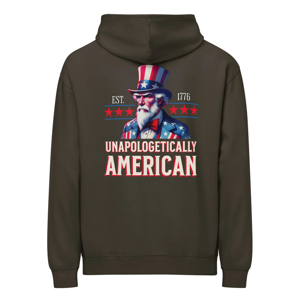 Back of men's vintage black patriotic hoodie with uncle Sam and "Unapologetically American" text