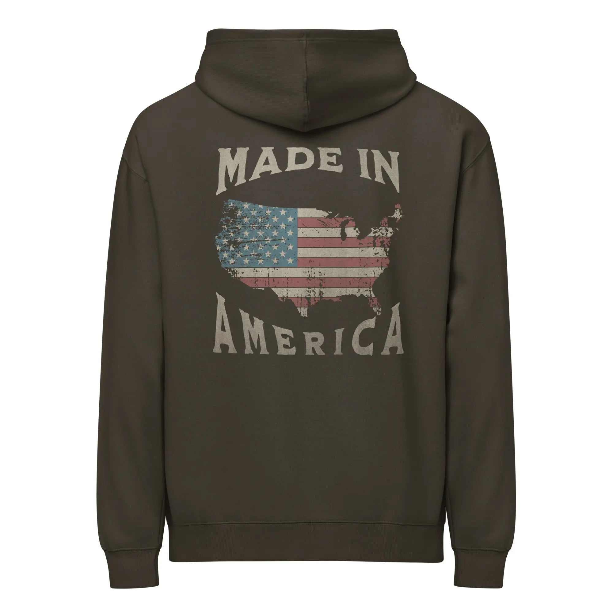 Back of men's vintage black patriotic hoodie with a silhouette of an American and "Made in America" text
