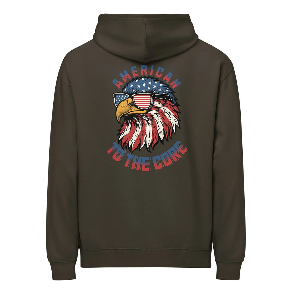 Back of men's vintage black patriotic hoodie with an eagle head and "American to the core" text