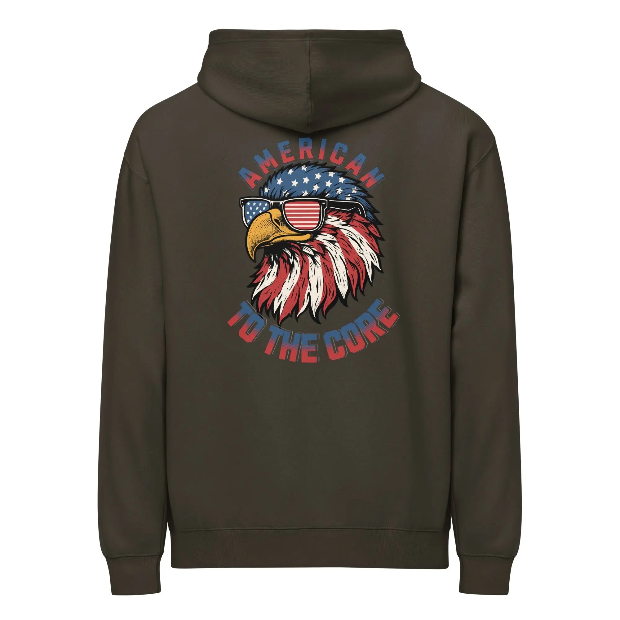 Back of men's vintage black patriotic hoodie with an eagle head and "American to the core" text