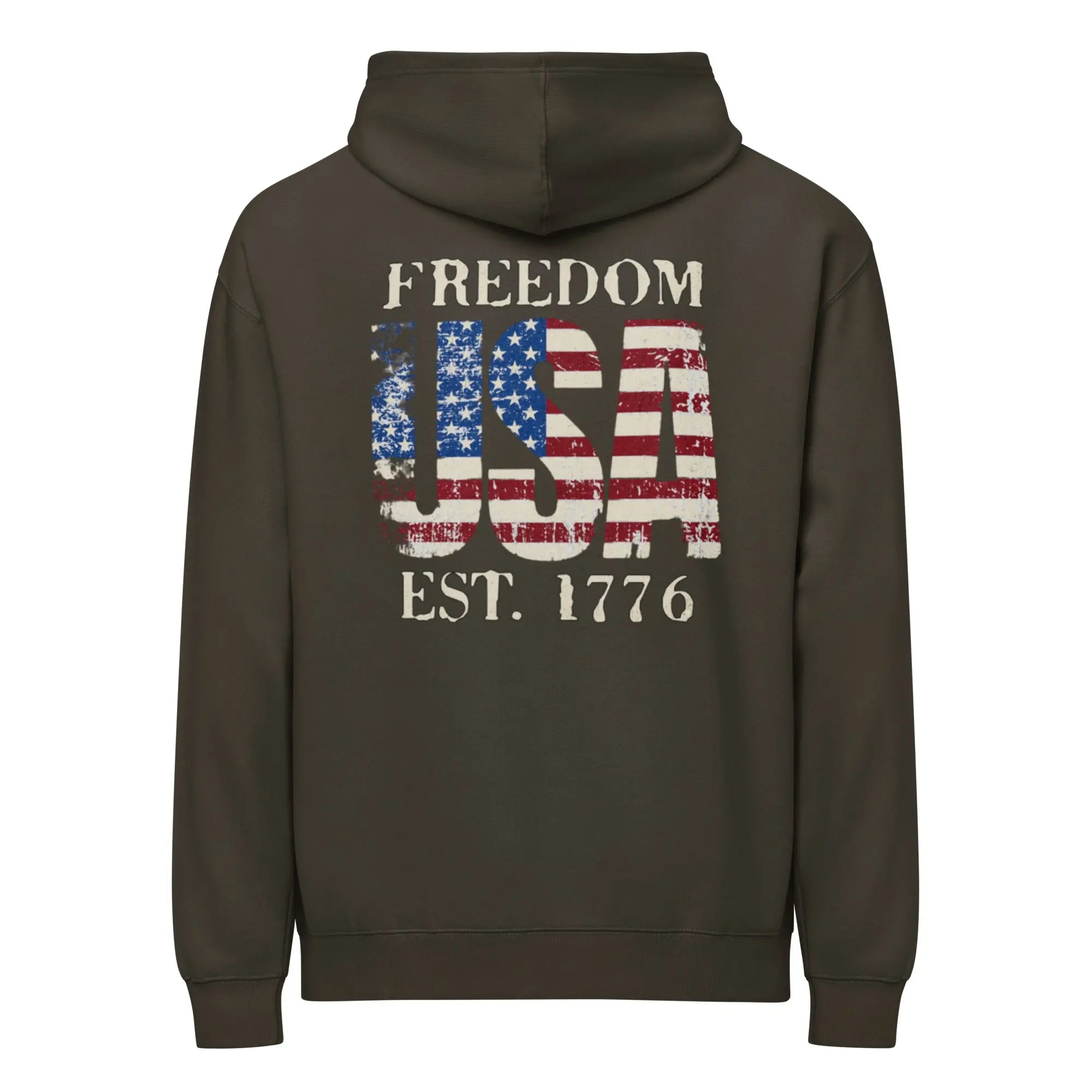Back of men's vintage black patriotic hoodie with an USA flag and "Freedom Est. 1776" text