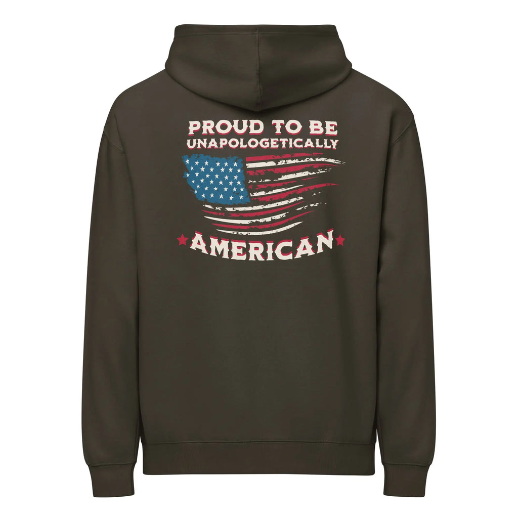Back of vintage black men's patriotic hoodie with American Flag and  "proud to be unapologetically American" text