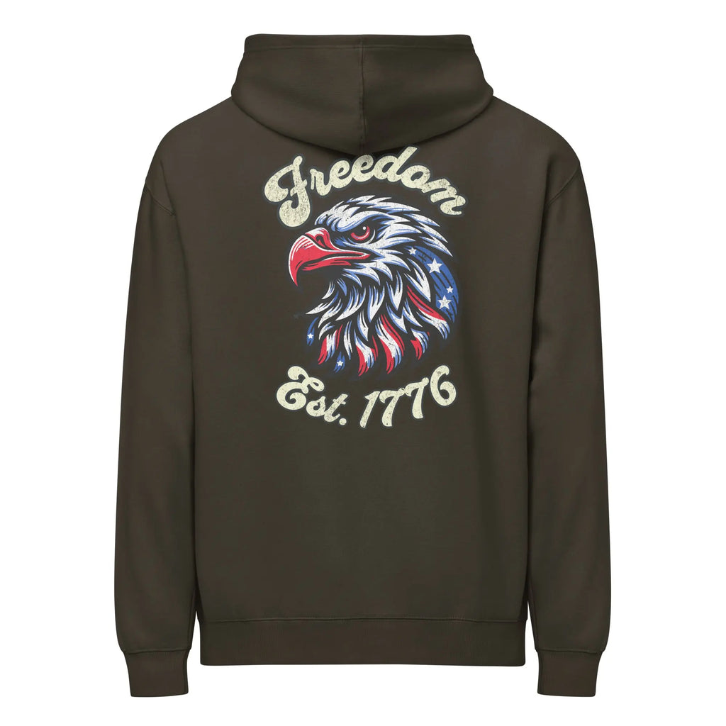 Back of man wearing a vintage black patriotic hoodie with an eagle head and "Freedom Est. 1776" text.