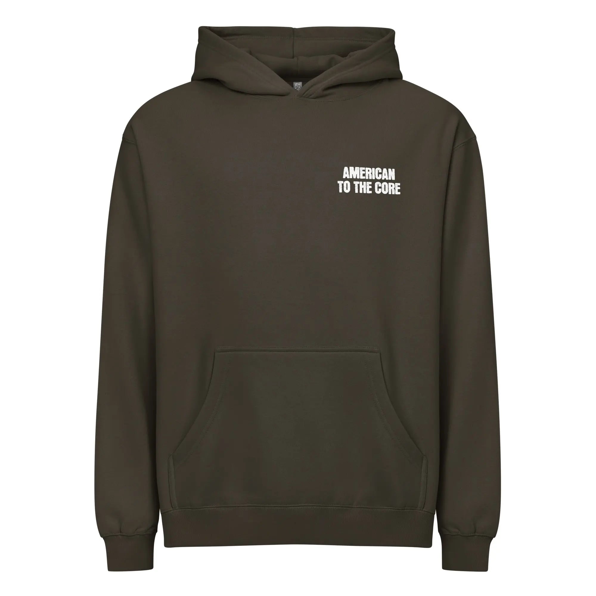 Men's vintage black patriotic hoodie with the text "American to the core" 