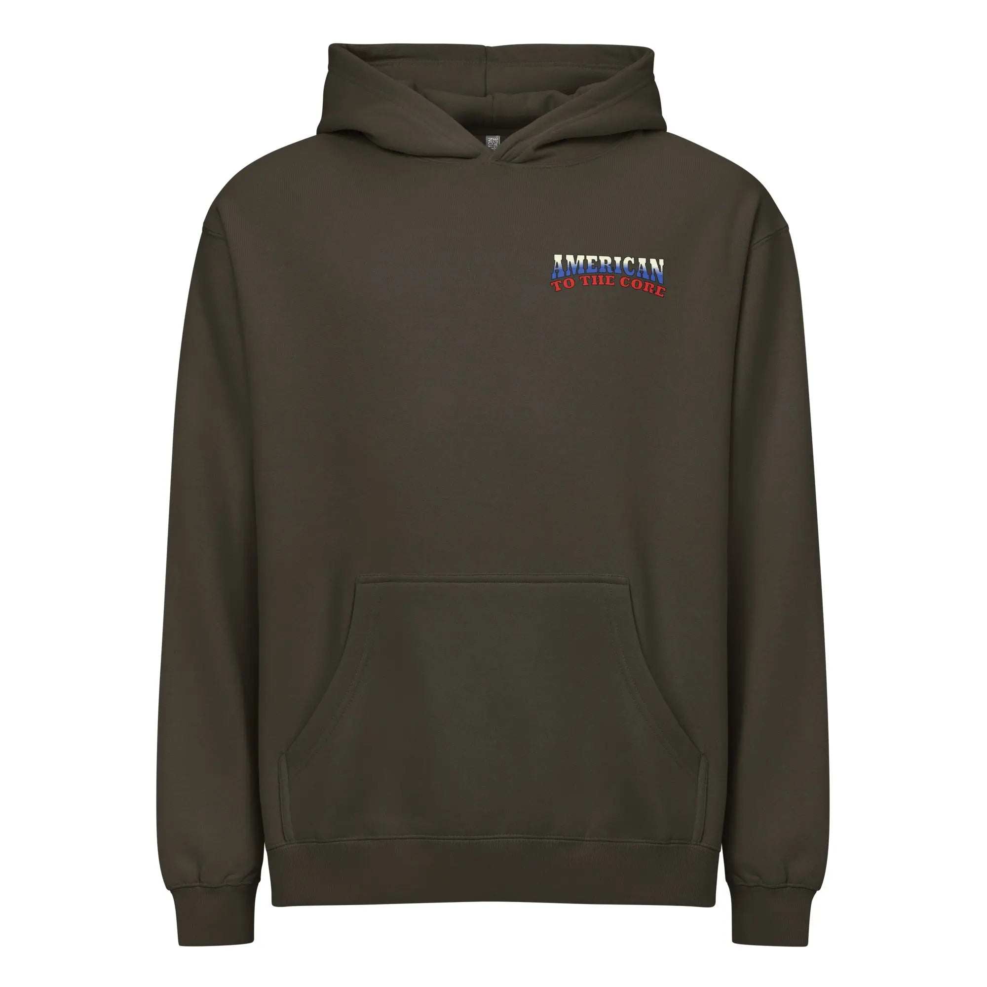 Men's vintage black patriotic hoodie with "American to the core" text in Red, white and blue