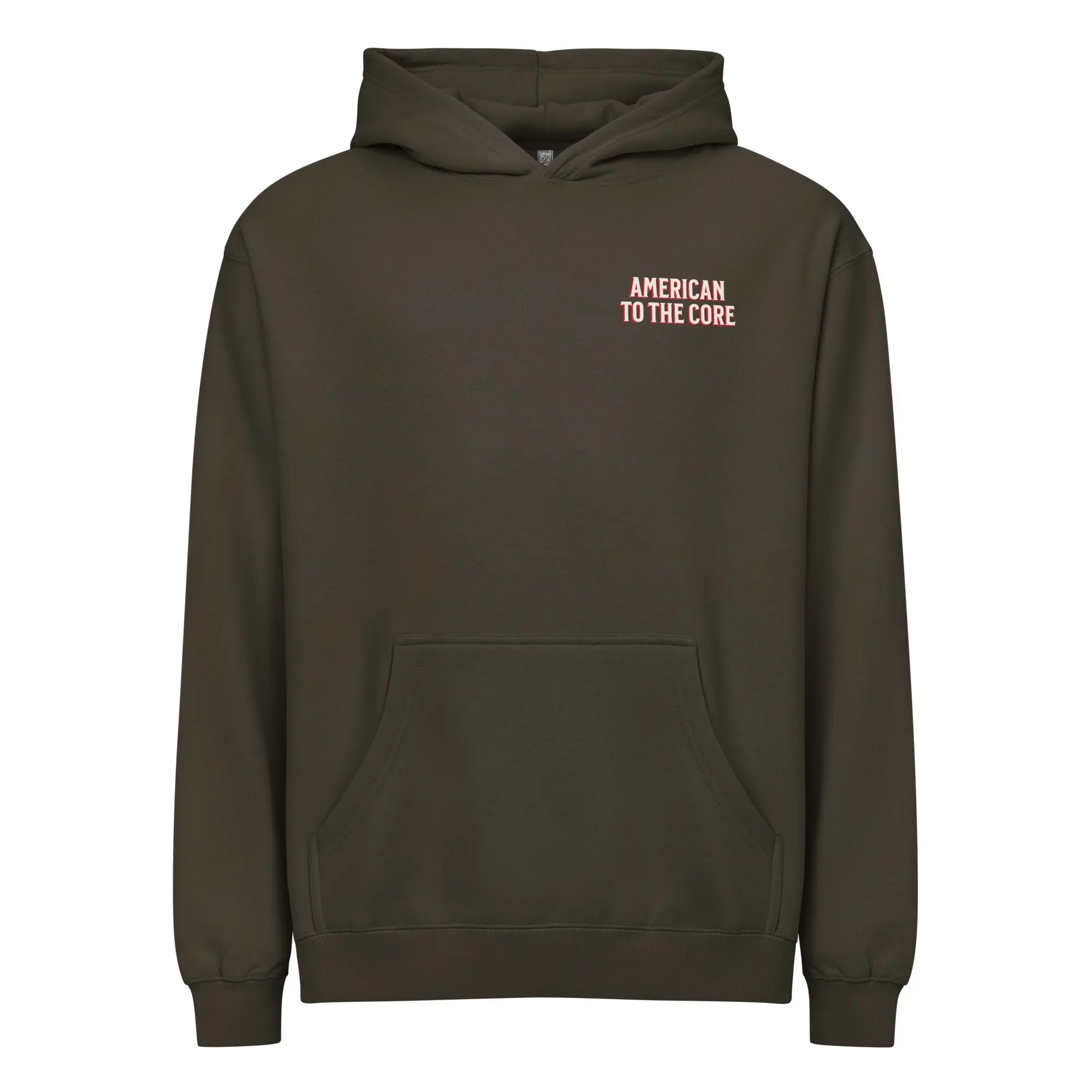 Men's vintage black patriotic hoodie with "American to the core" text