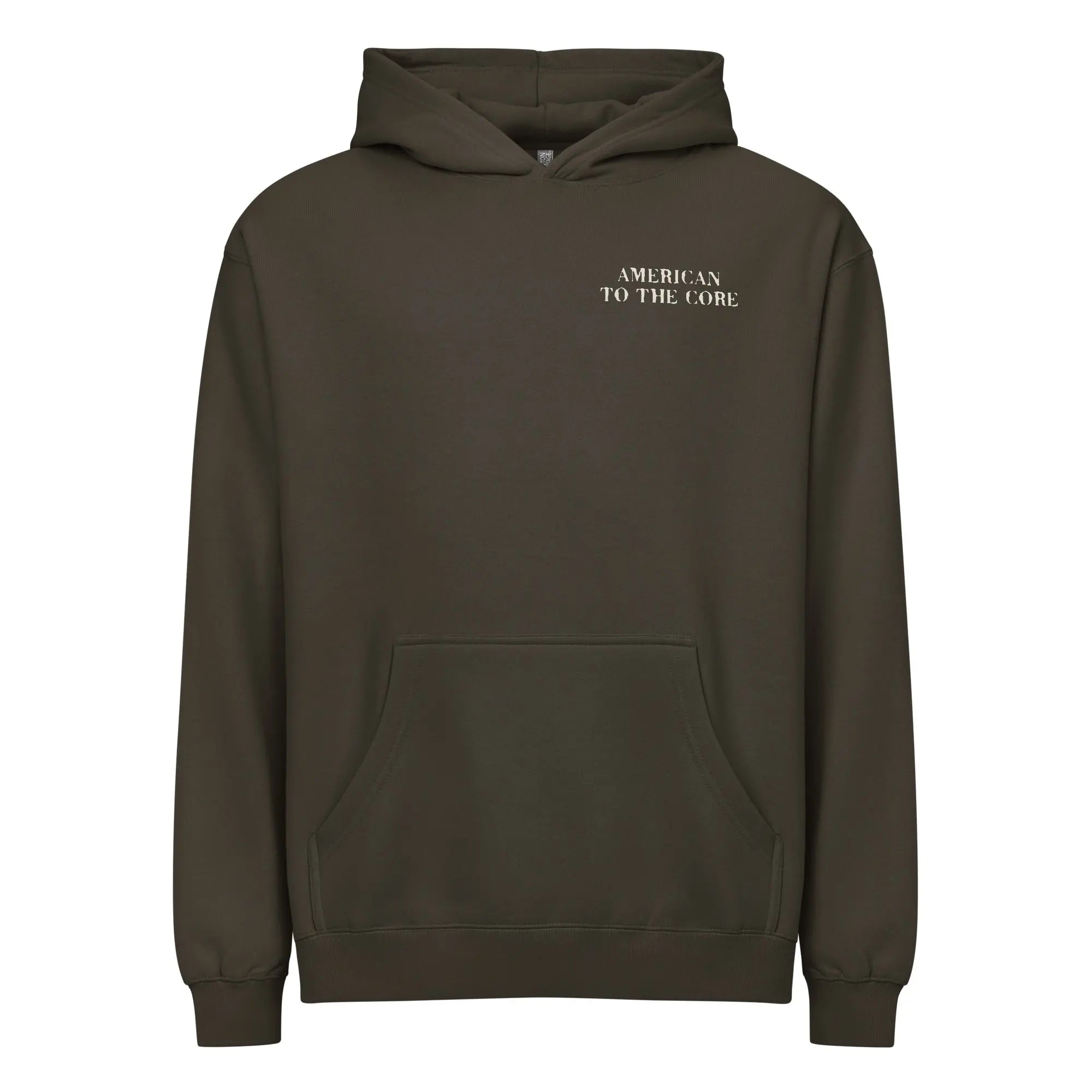 Men's vintage black patriotic hoodie with "American to the core" text