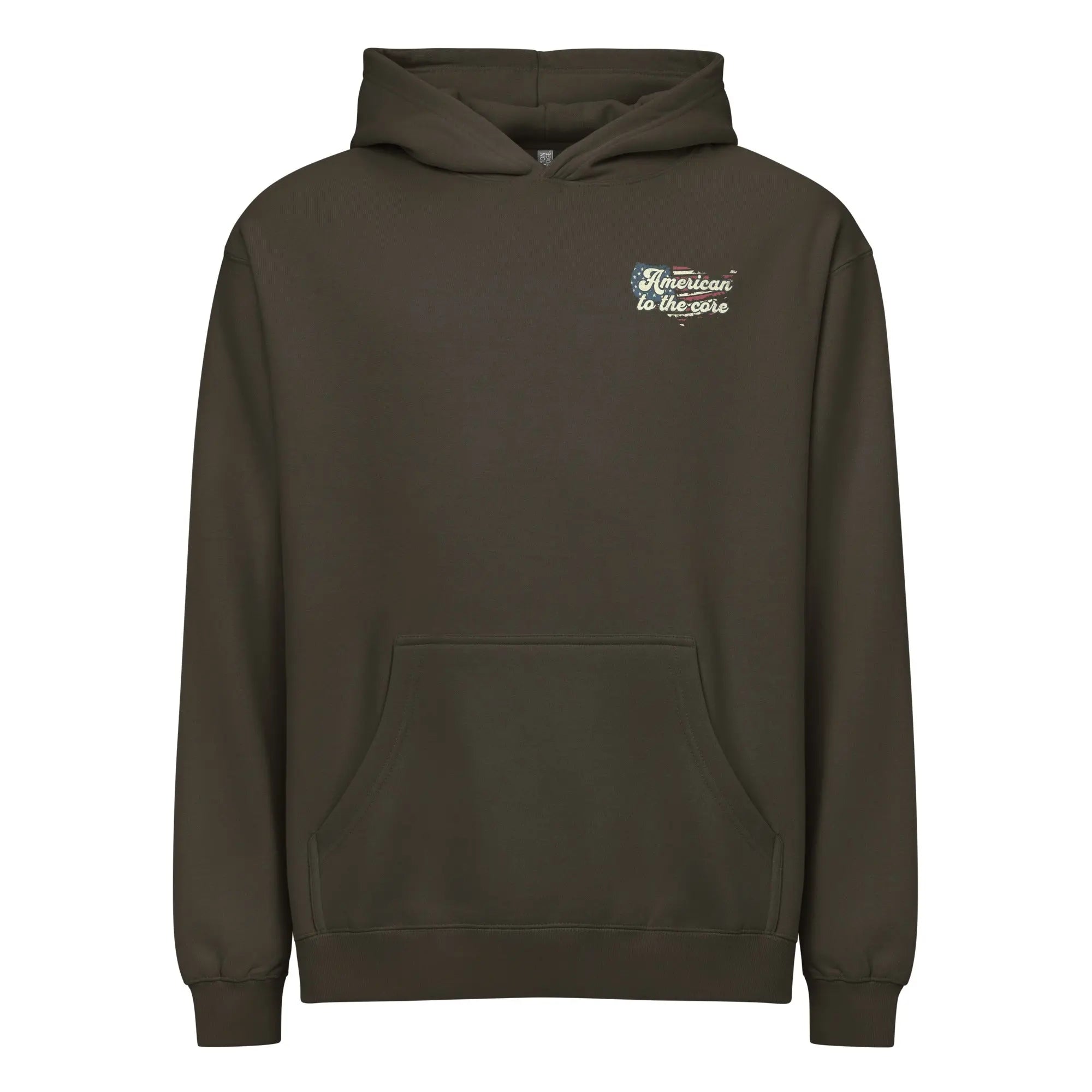 Men's vintage black patriotic hoodie with "American to the core" text