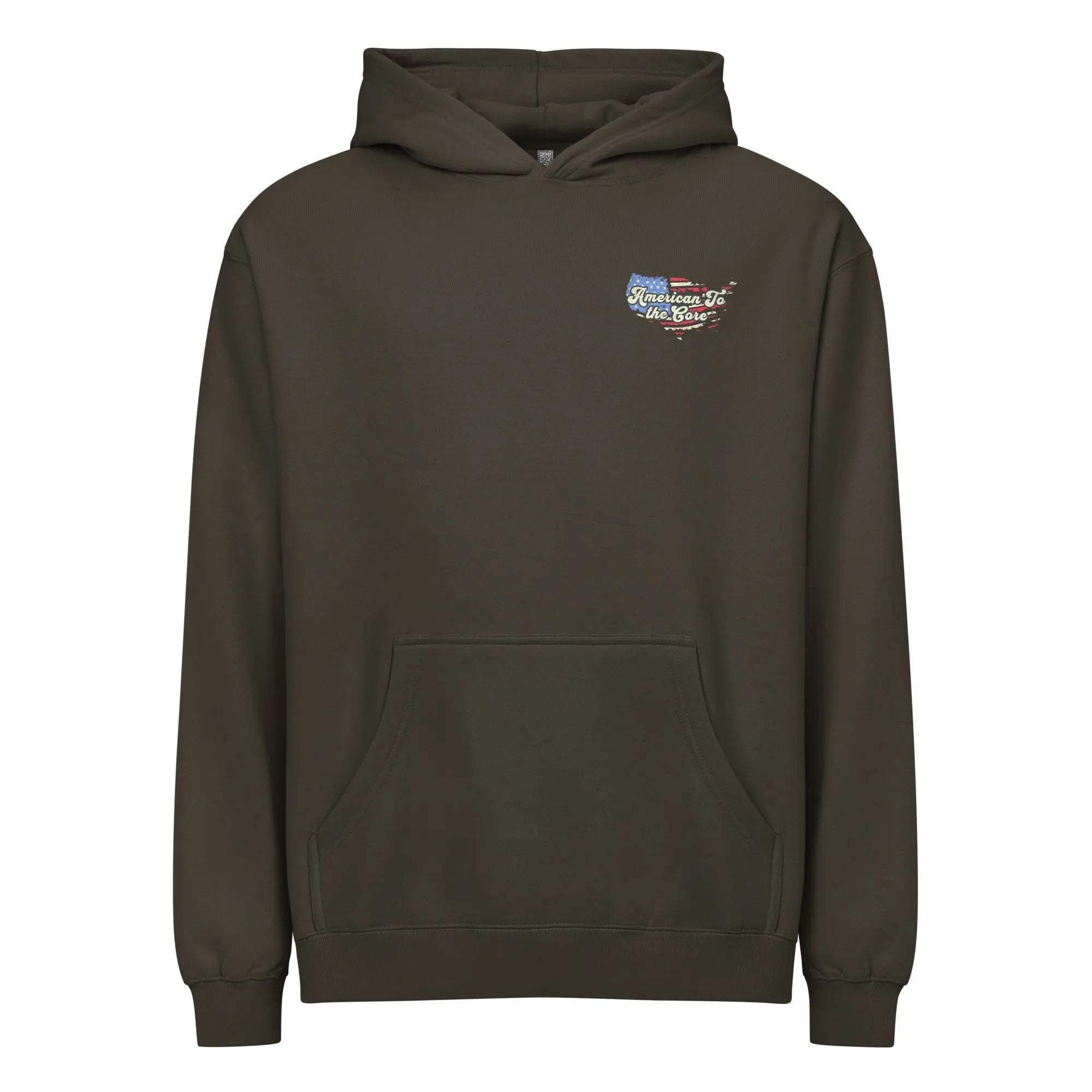 Men's Vintage Black patriotic hoodie with "America to the core" text