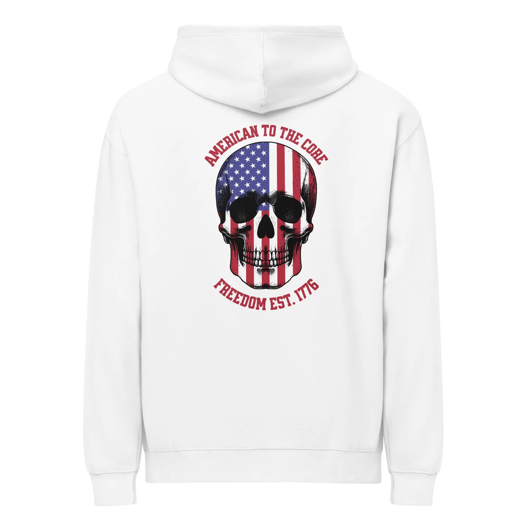 Back of a men's white patriotic hoodie with a skull and the text "American to the core. Freedom Est. 1776." 