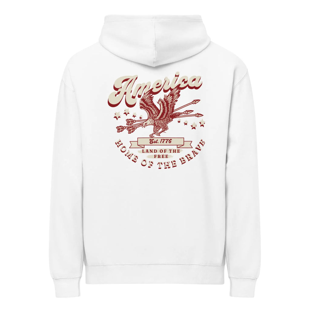 Back of men's white patriotic hoodie with an eagle and the text "America: home of the brave." 