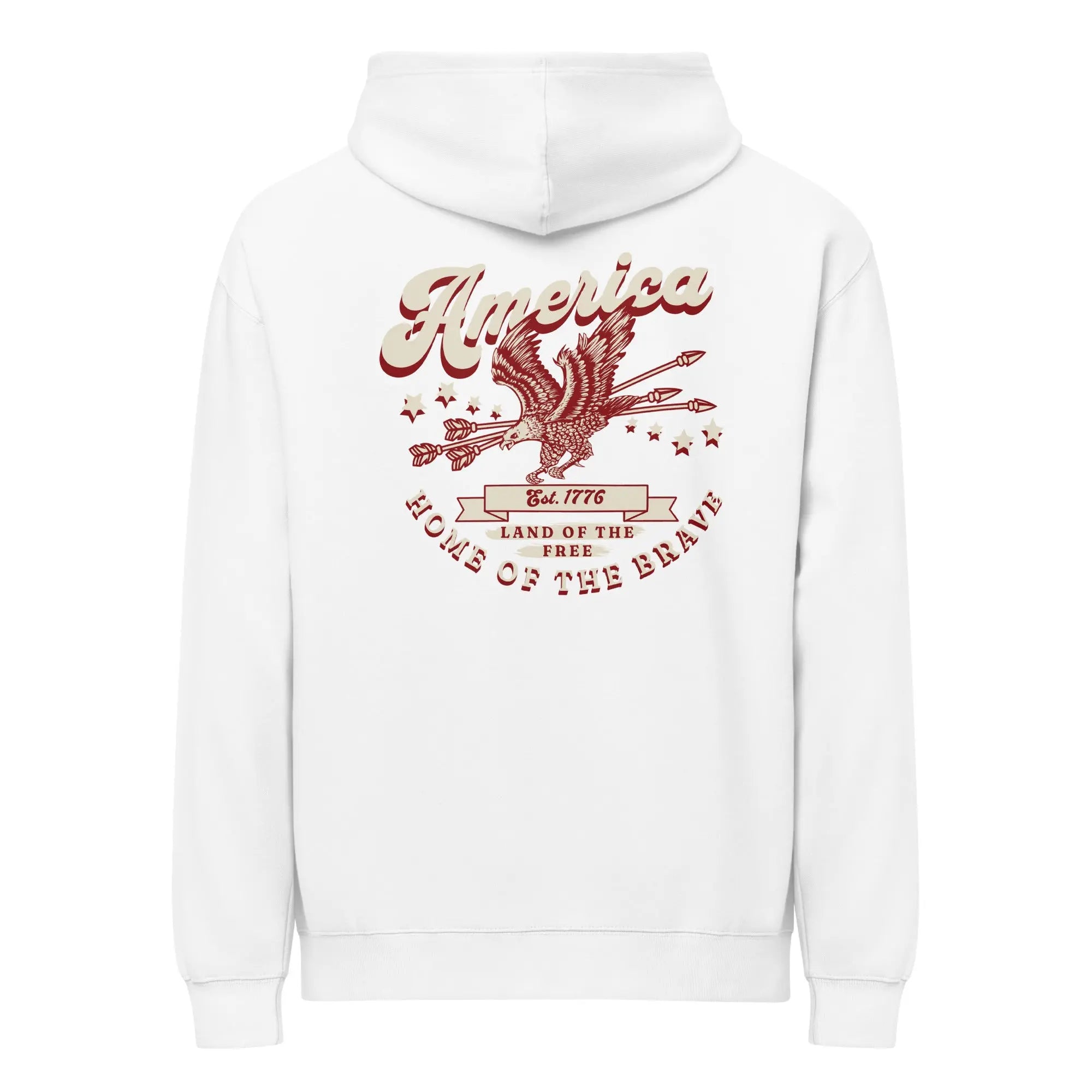 Back of men's white patriotic hoodie with an eagle and the text "America: home of the brave." 