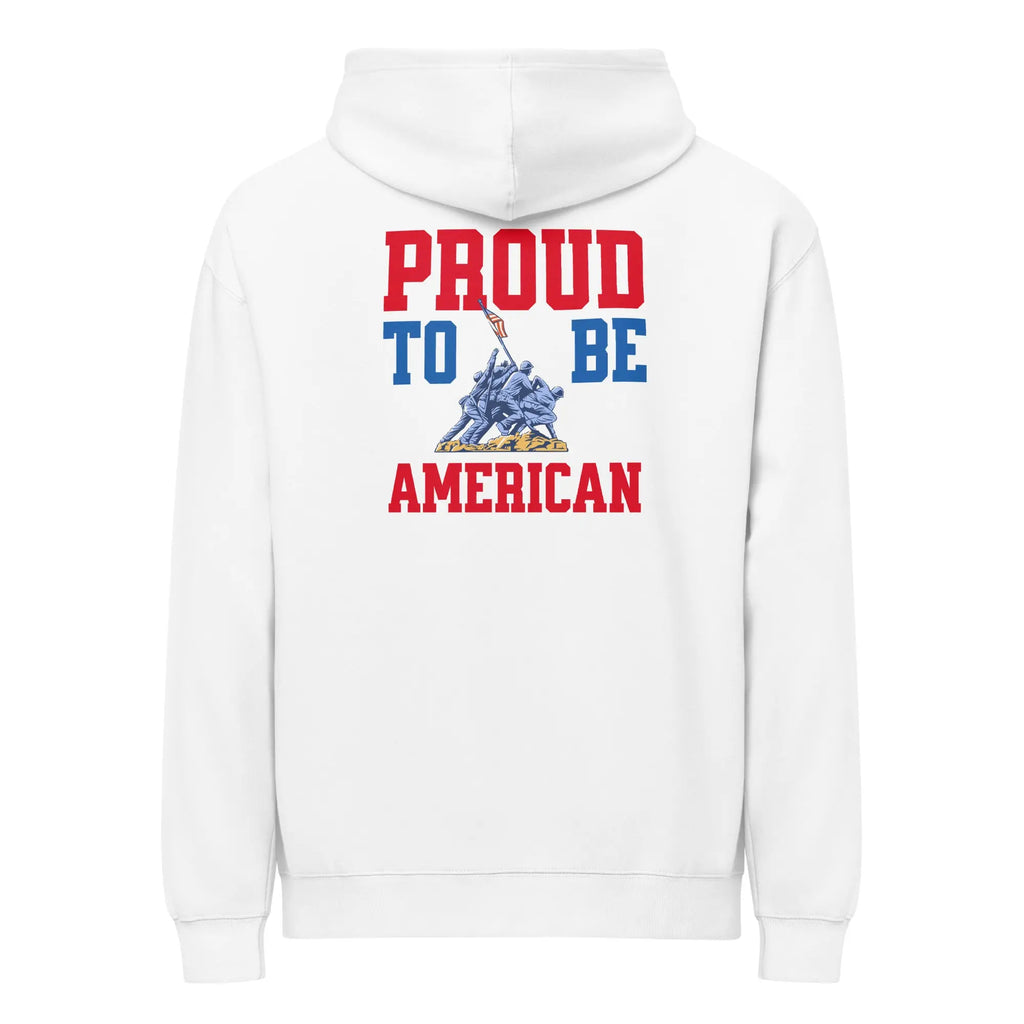 Back of men's white patriotic hoodie with soldiers raising the flag and "Home of the free because of the brave" text. 