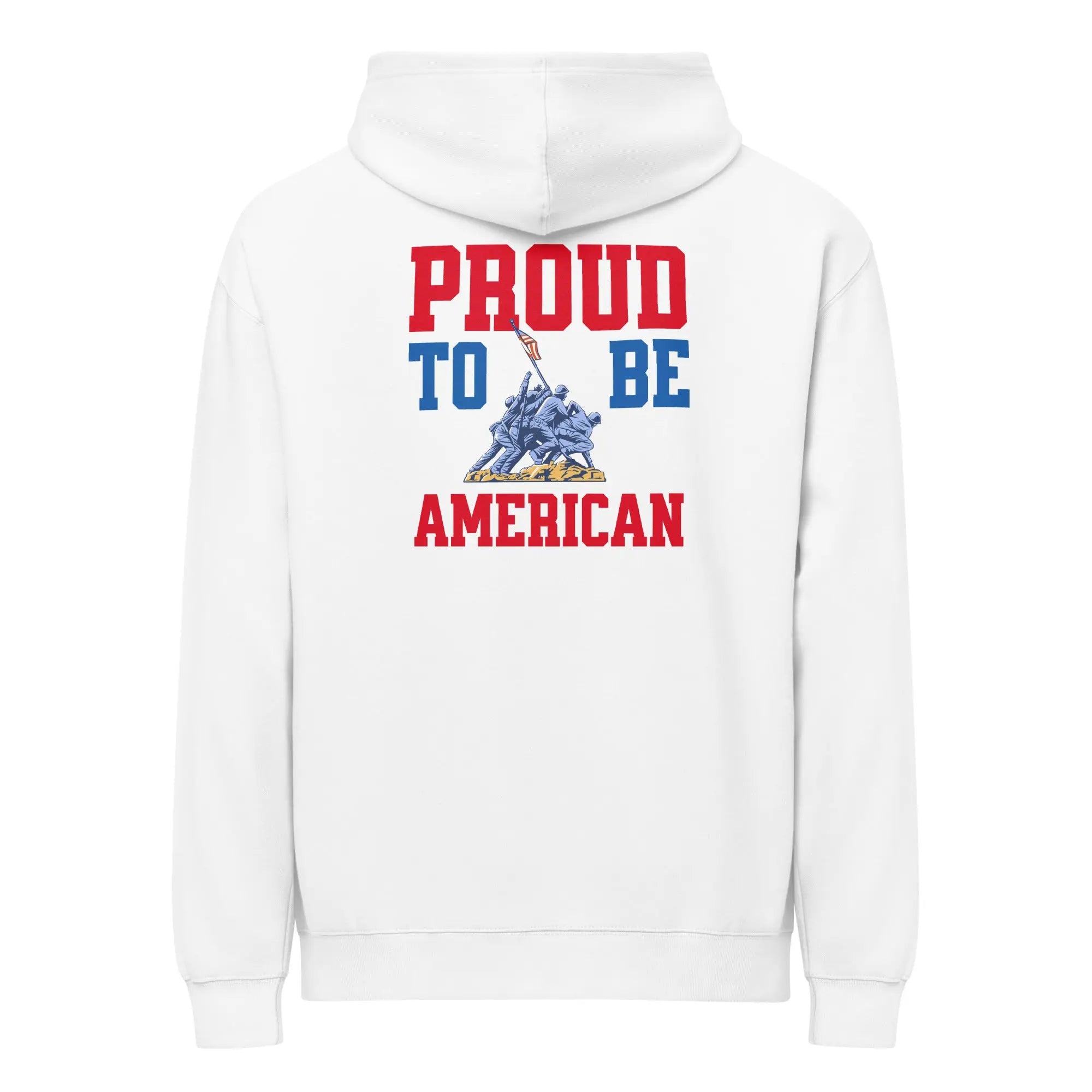 Back of men's white patriotic hoodie with soldiers raising the flag and "Home of the free because of the brave" text. 