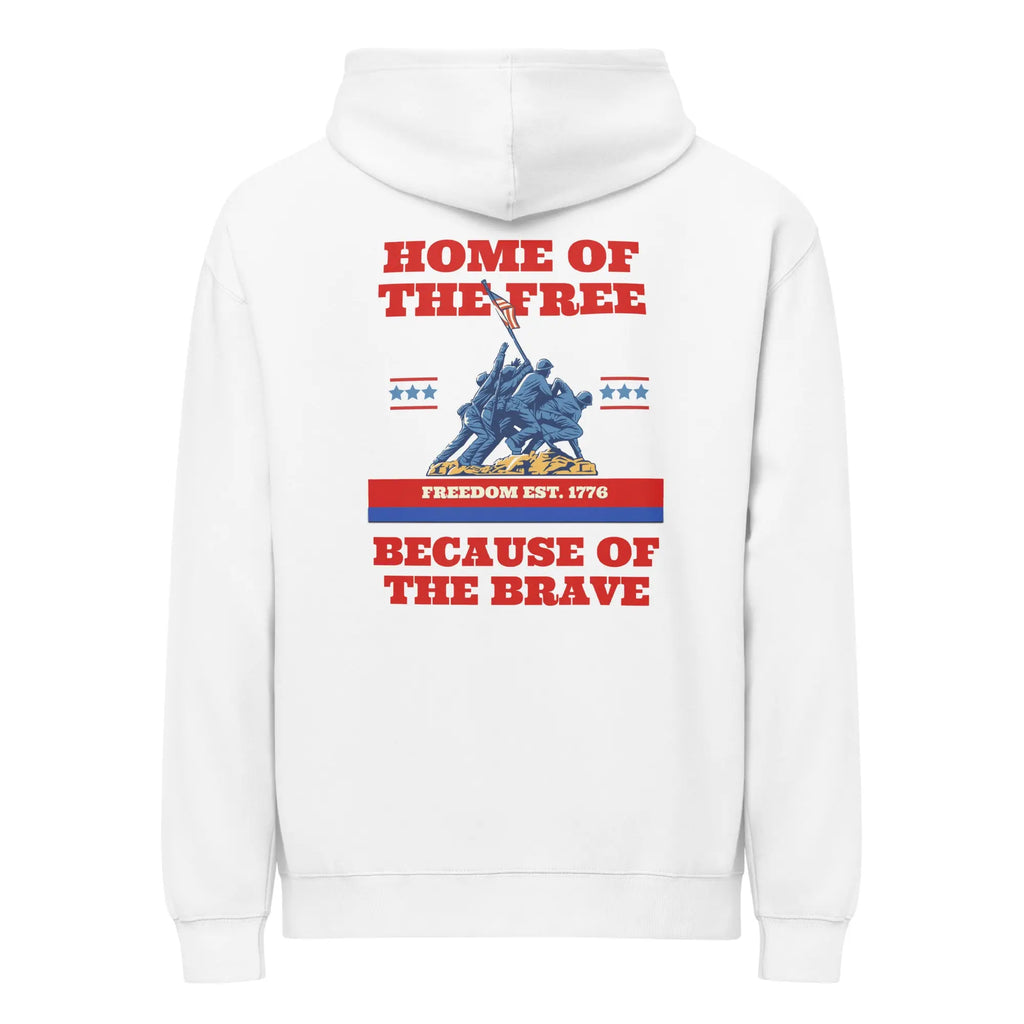 Back of men's white patriotic hoodie with soldiers raising the flag and   "Home of the free because of the brave" text 