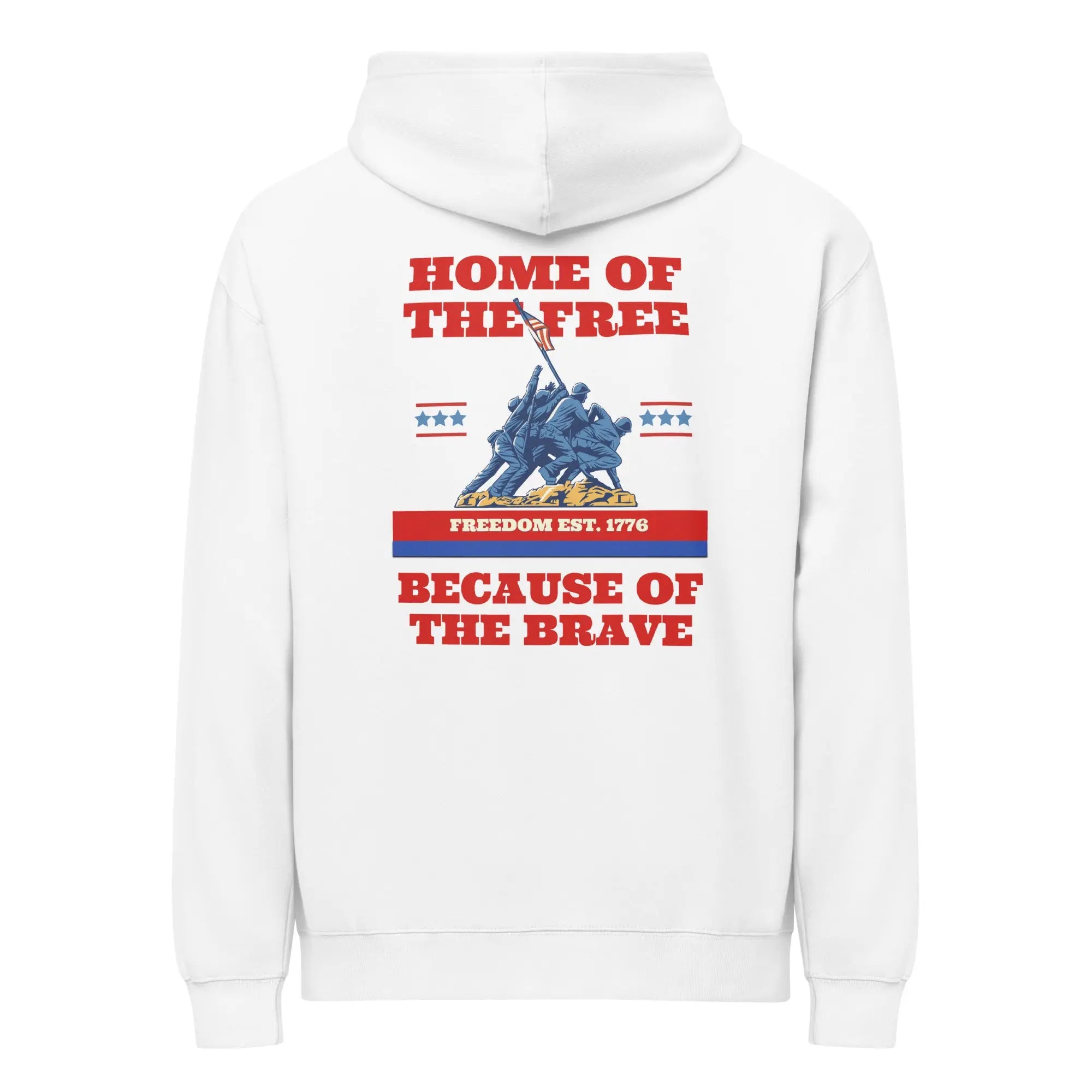 Back of men's white patriotic hoodie with soldiers raising the flag and   "Home of the free because of the brave" text 