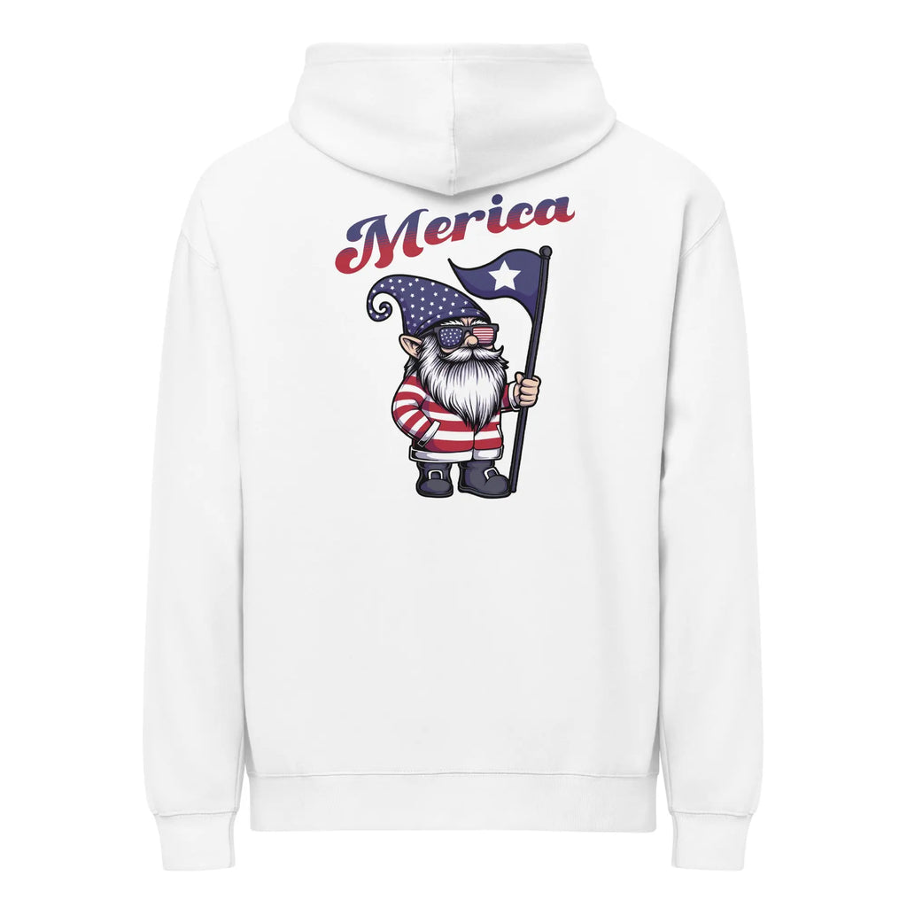 Back of men's white patriotic hoodie with a Gnome and "Merica" text