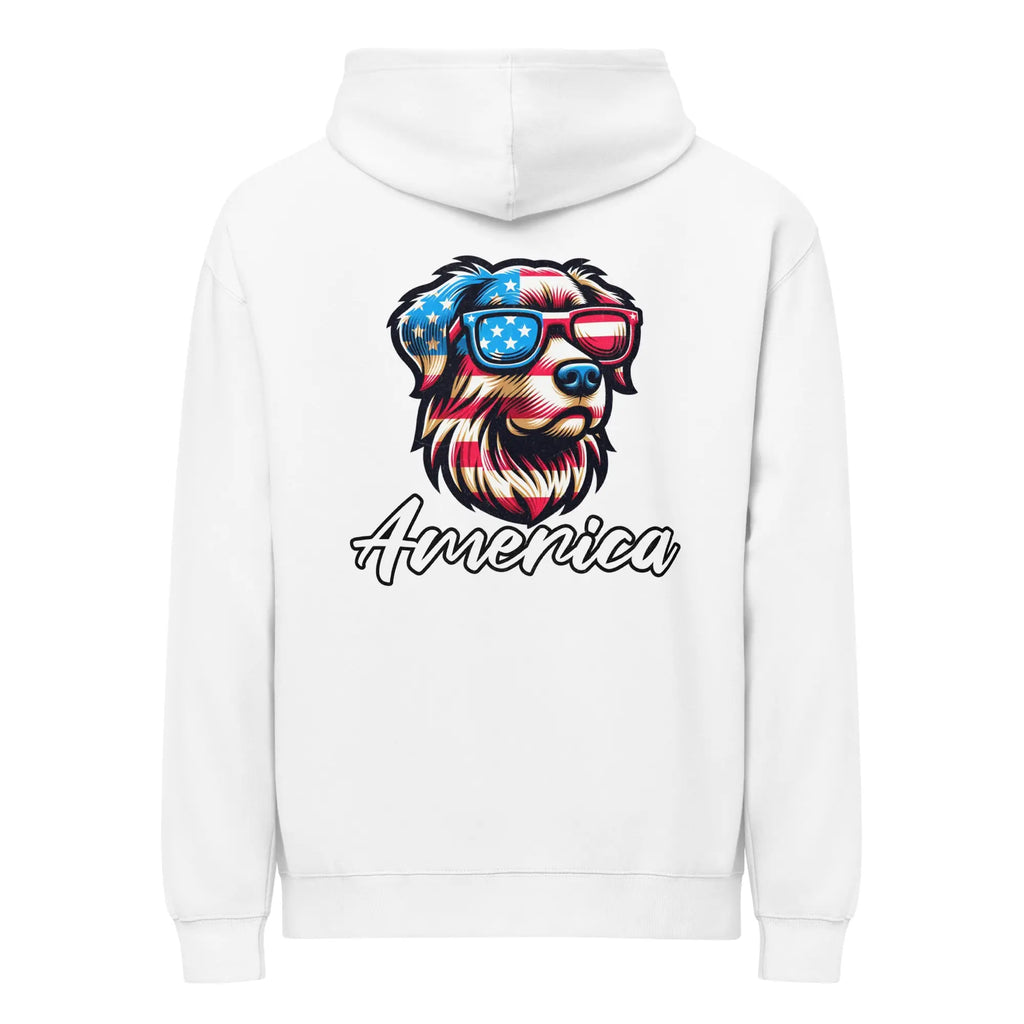 Back of men's white patriotic hoodie with a dog head and "America" text