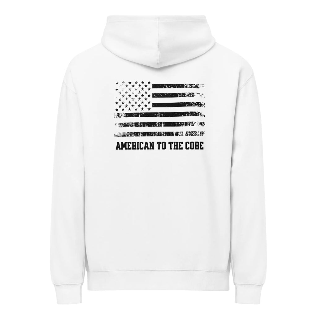 Back of men's white patriotic hoodie with American flag and  "American to the core" text