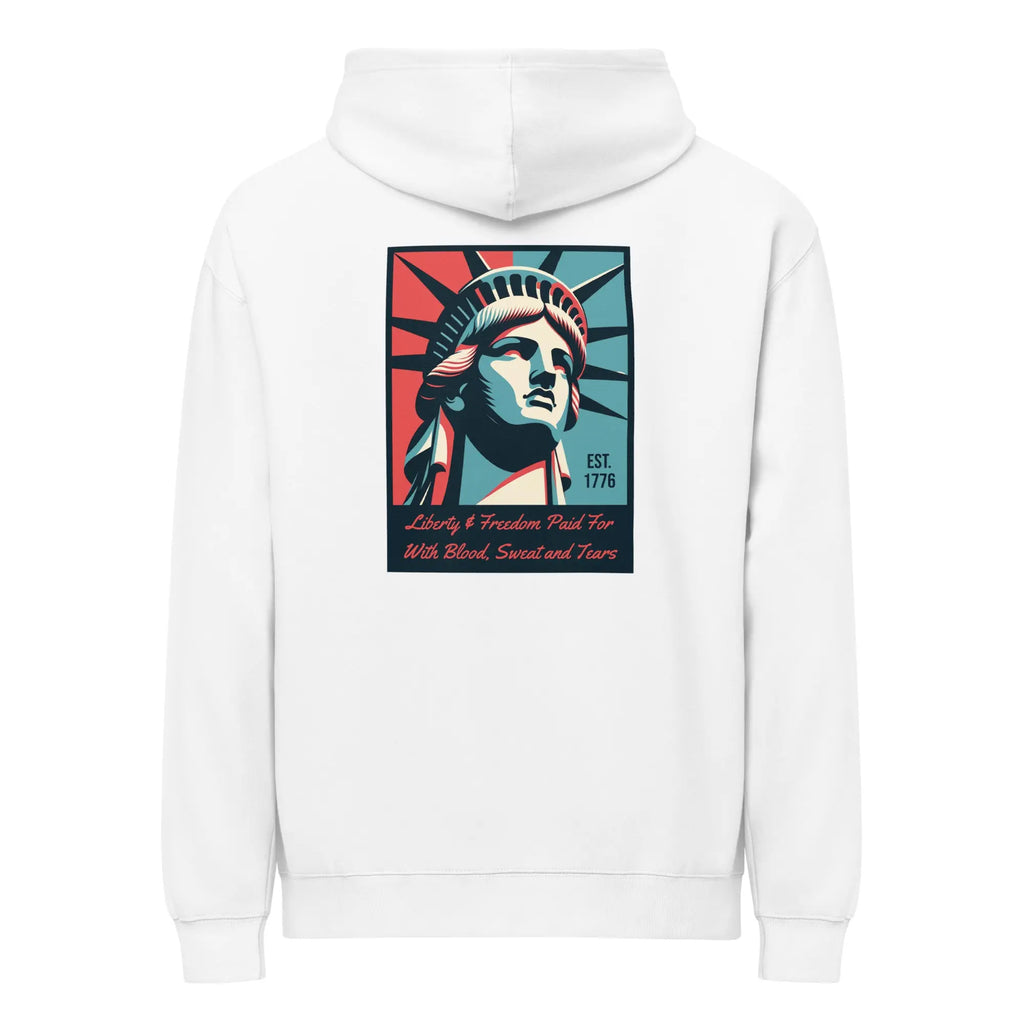 Back of men's white patriotic hoodie with Statue of Liberty with text below. 