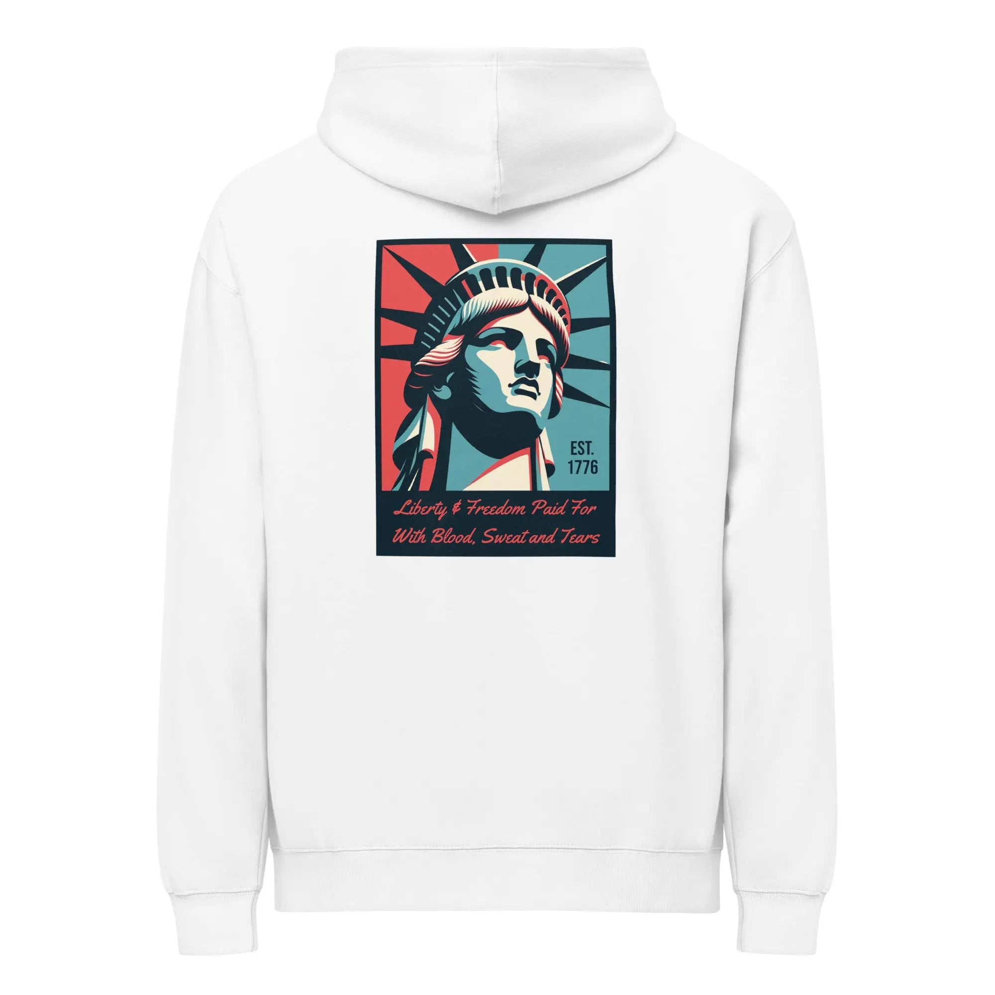 Back of men's white patriotic hoodie with Statue of Liberty with text below. 