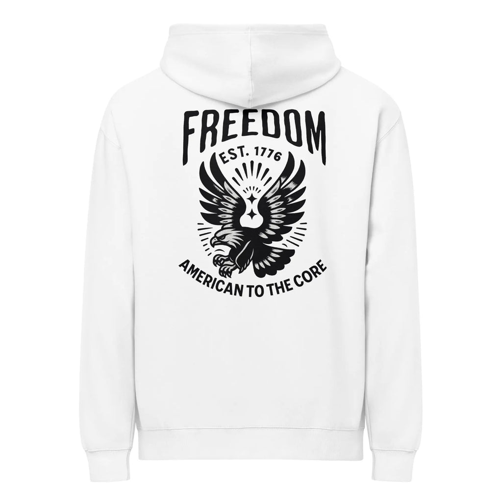 Back of men's white patriotic hoodie with eagle and "Freedom Est. 1776" text 