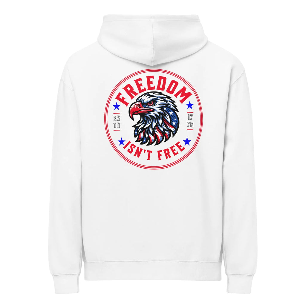 Back of men's white patriotic hoodie with an eagle head and "Freedom isn't free" text
