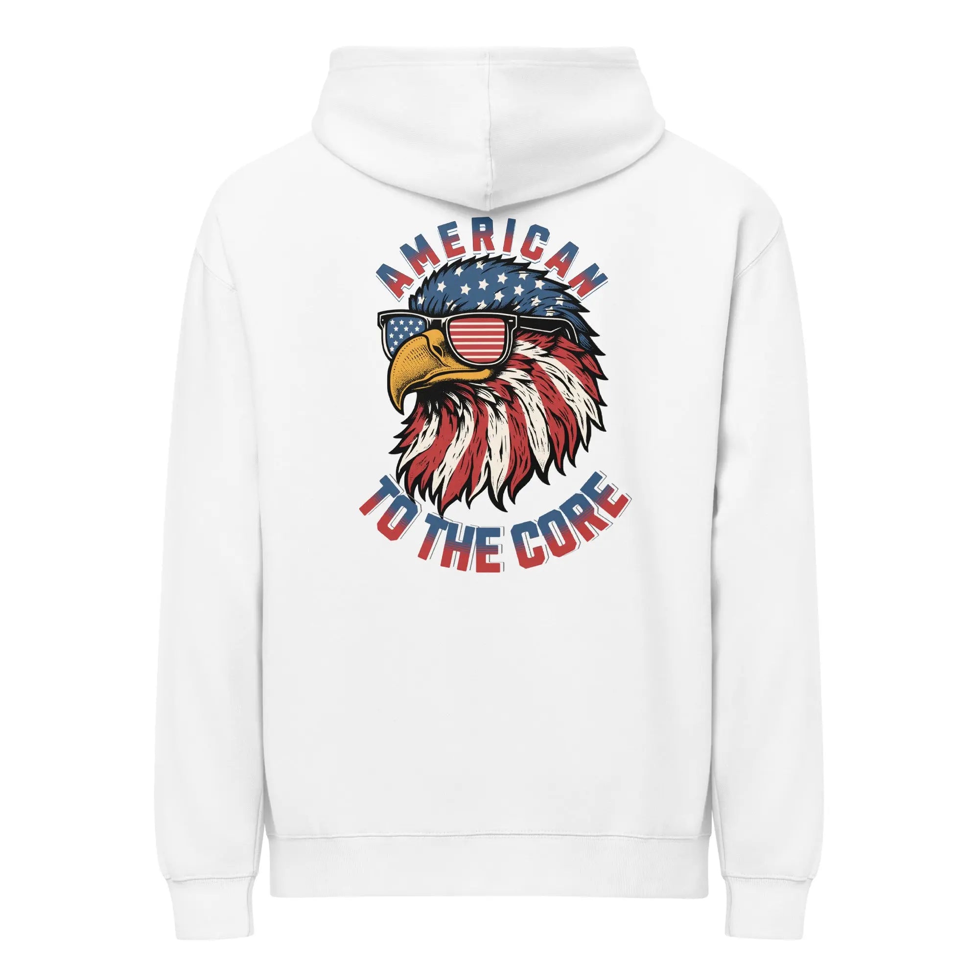 Back of men's white patriotic hoodie with an eagle head and "American to the core" text