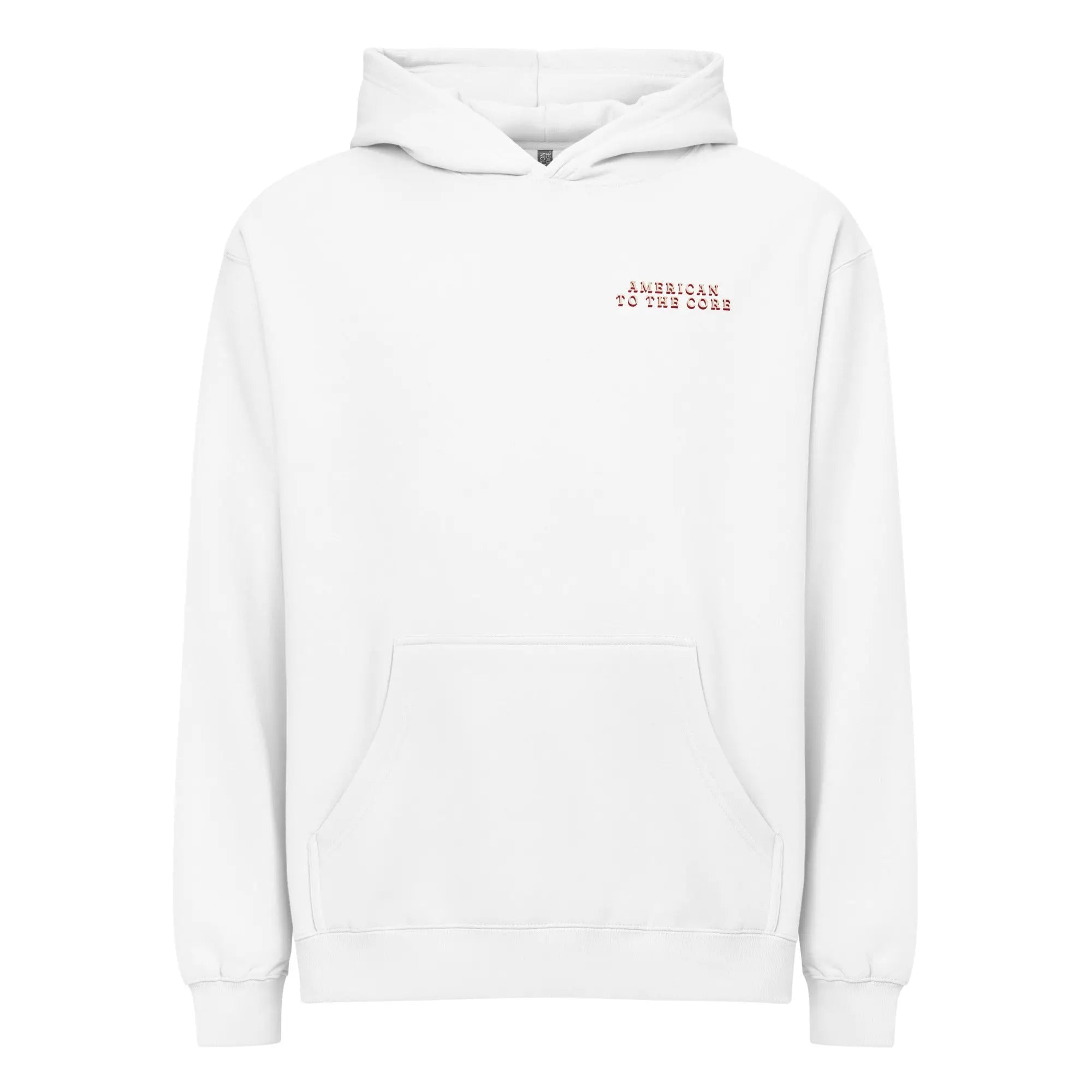 Men's white patriotic hoodie with the text "American to the core." 
