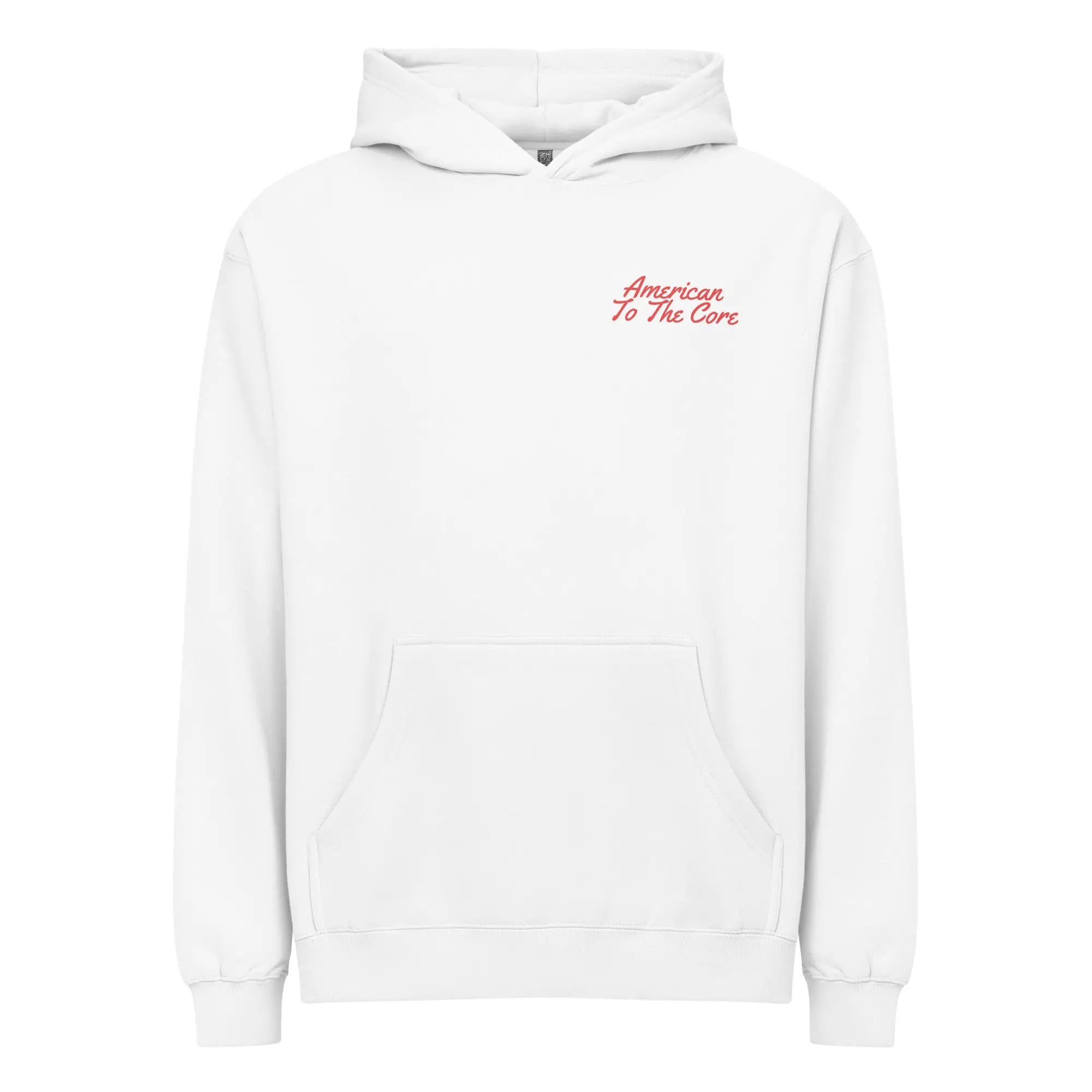 Men's white patriotic hoodie with "American to the core" text. 
