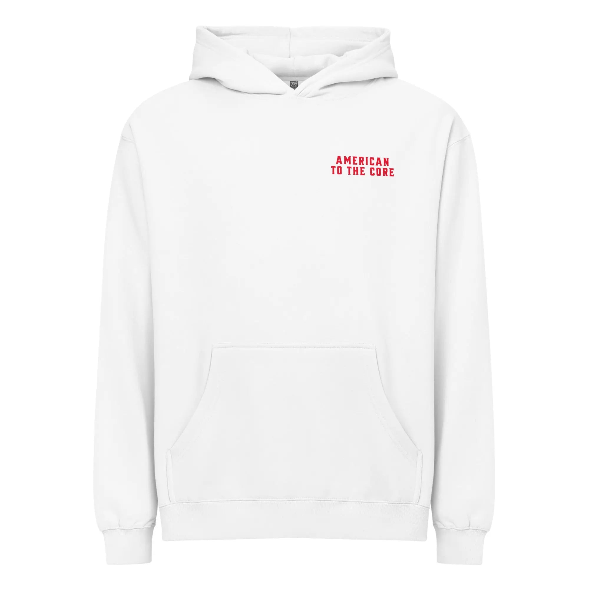 Men's white patriotic hoodie with "American to the core" text