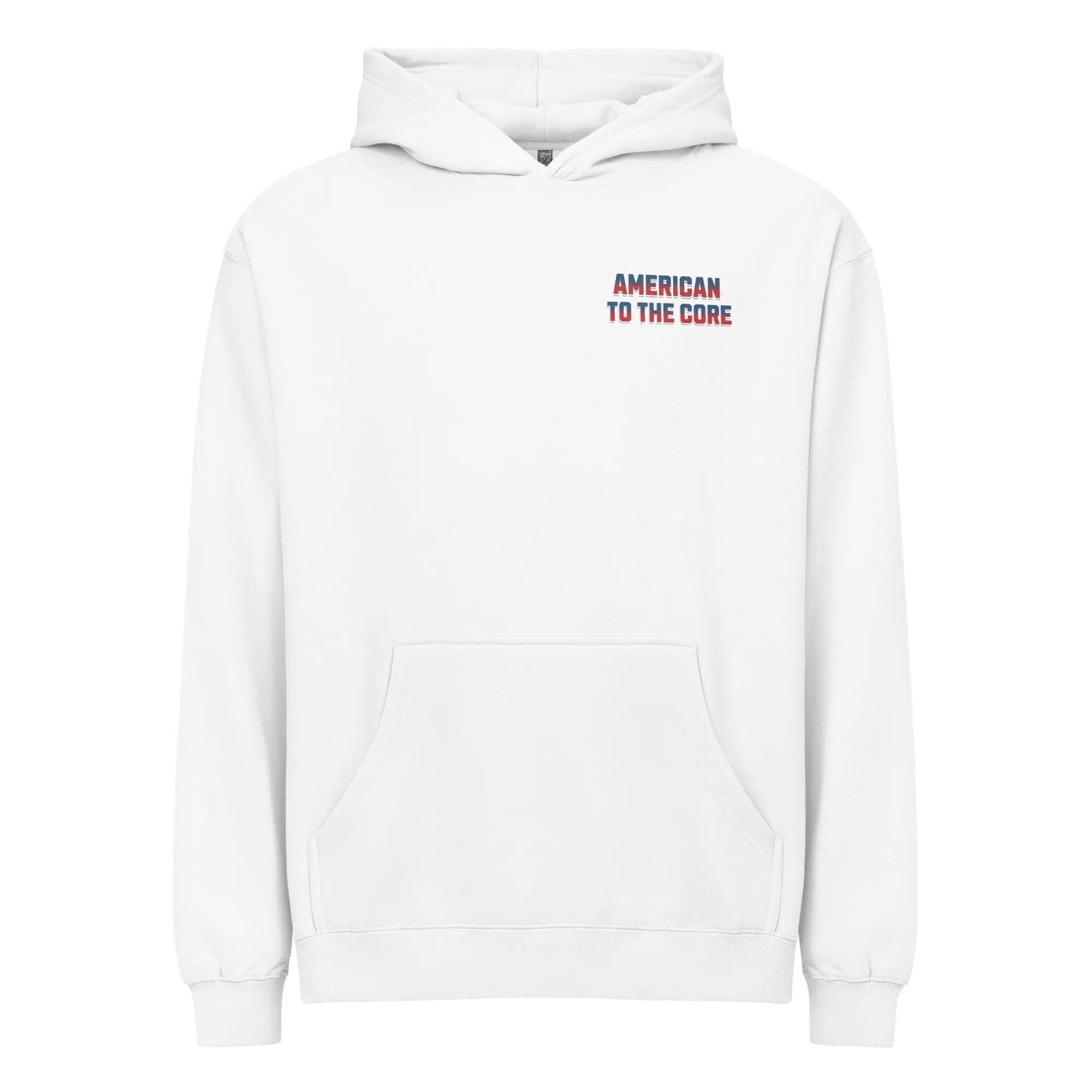 Men's white patriotic hoodie with "American To The Core" text in red and blue.