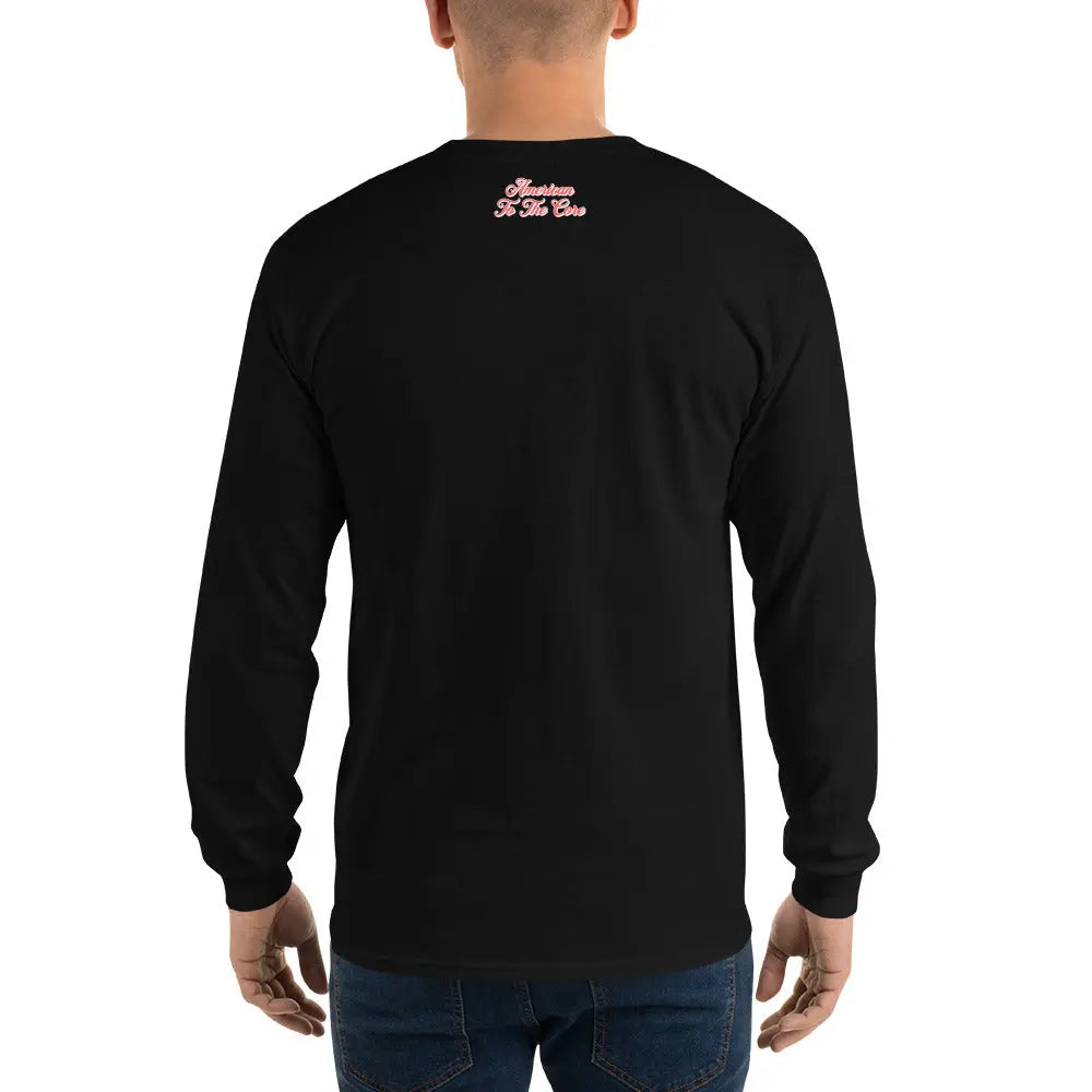 Back of a man wearing a patriotic black long-sleeved shirt with the text "American to the Core."