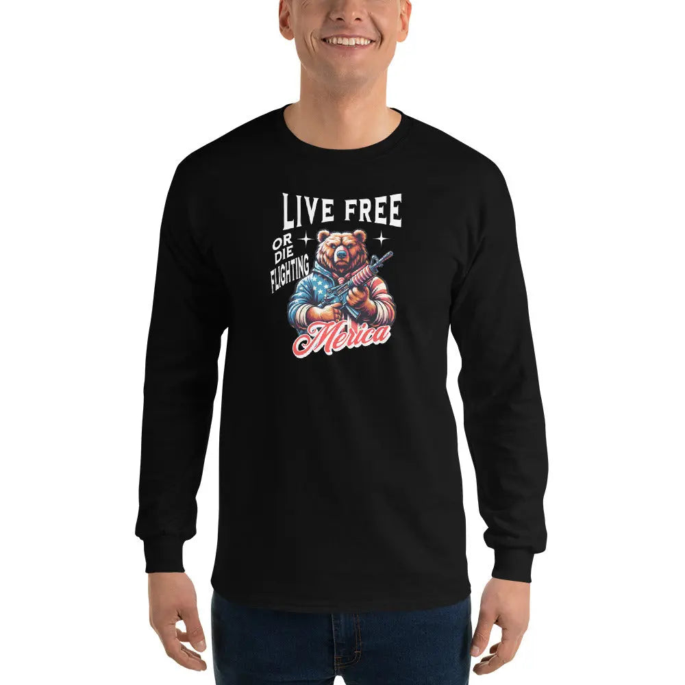 A man wearing a patriotic black long-sleeved shirt with a bear holding a gun and the text "Live free or die fighting, America."