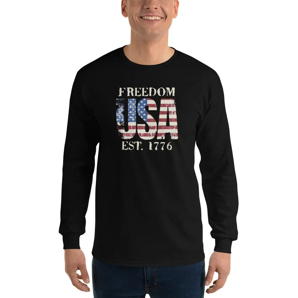A man wearing a patriotic black long-sleeved shirt with the American flag in the shape of USA and the text "Freedom est. 1776."