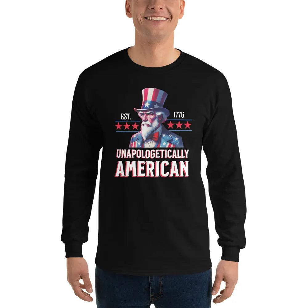 A man wearing a patriotic black long-sleeved shirt with Uncle Sam and the text "Unapologetically American."