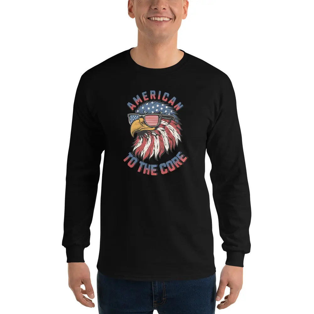 A man wearing a patriotic black long-sleeved shirt with an eagle head and the text "American To The Core."