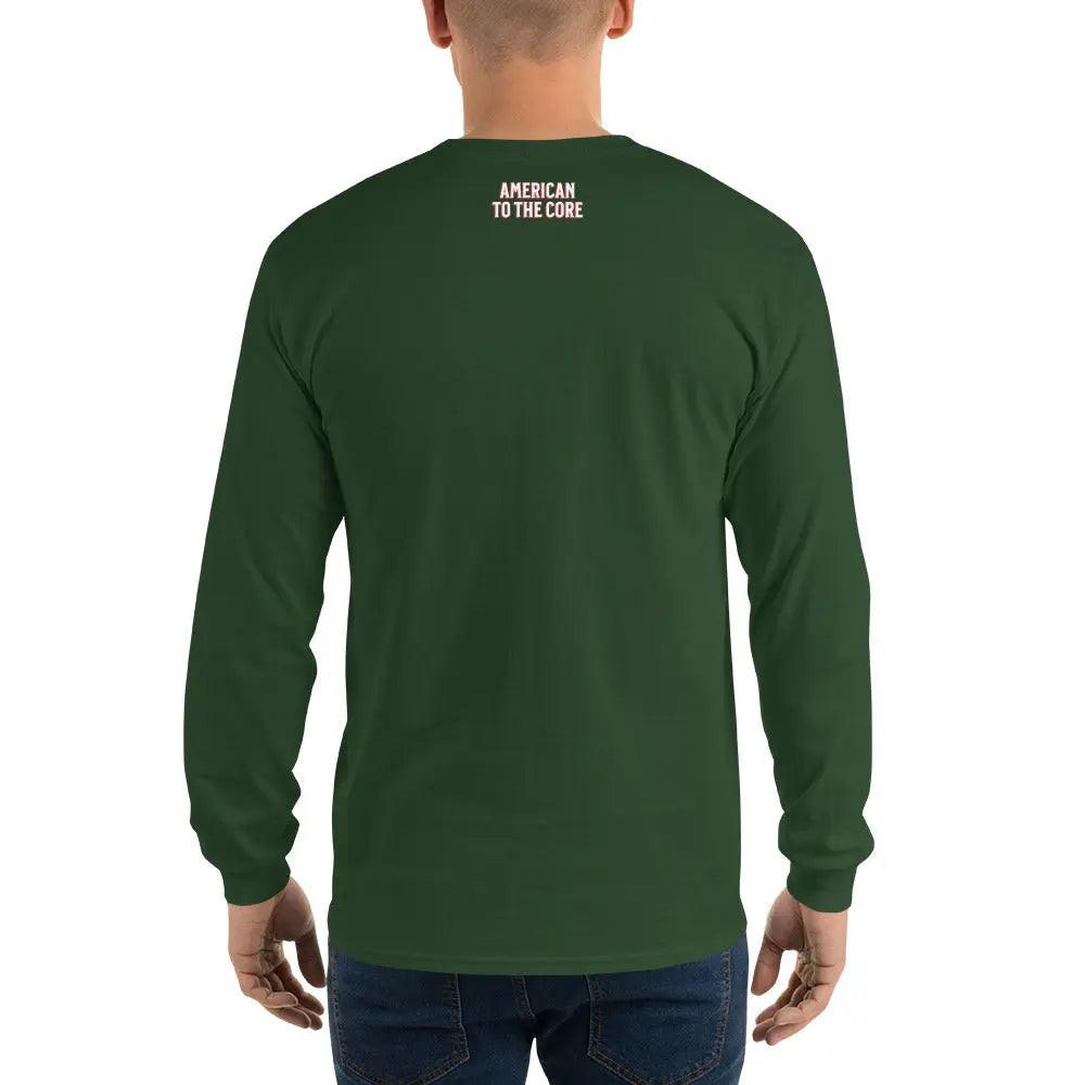 Back of a man wearing a patriotic forest-green long-sleeved shirt with the text "American to the Core."
